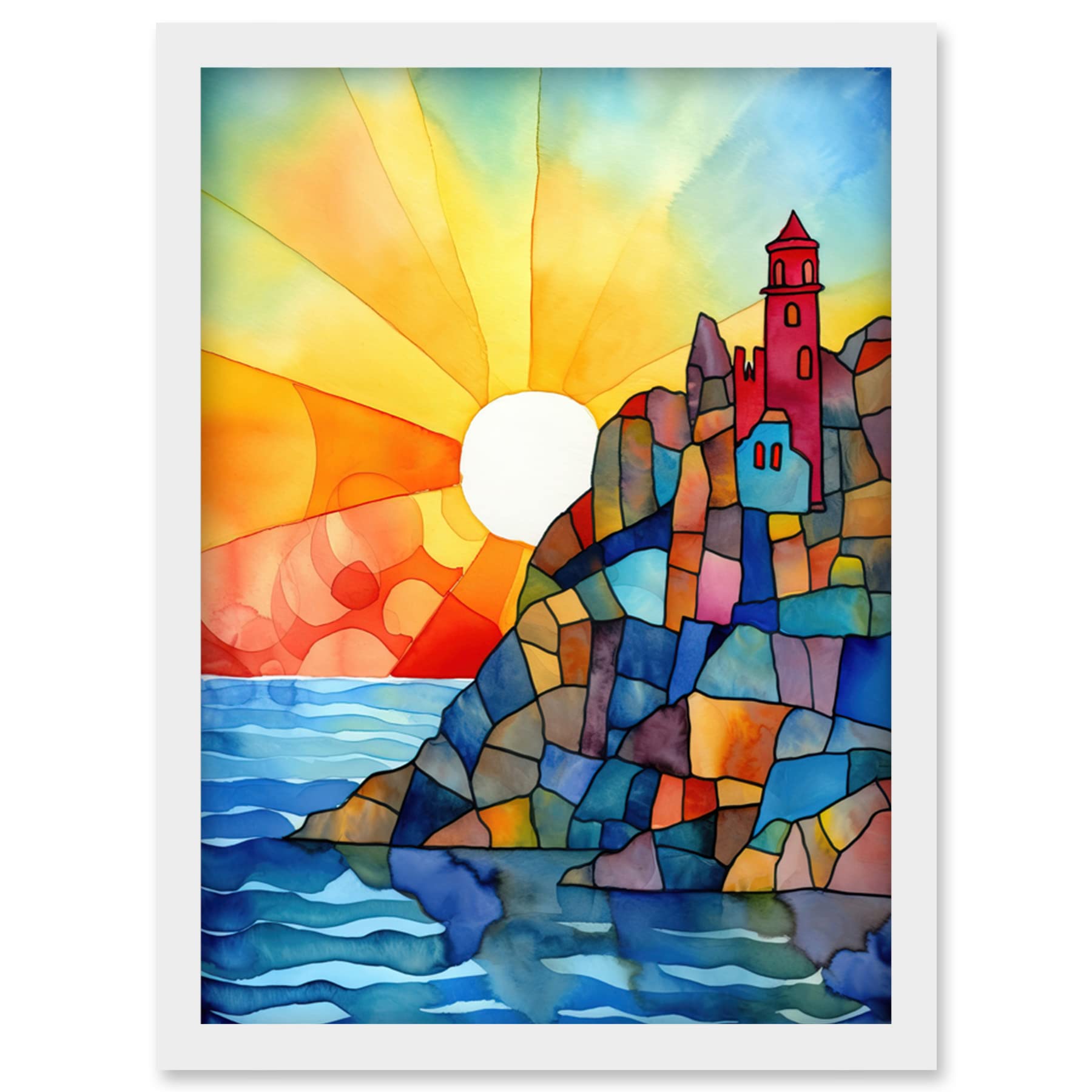 Artery8 Sunset Coastal Cliffs Lighthouse Folk Art Artwork Framed Wall Art Print A4