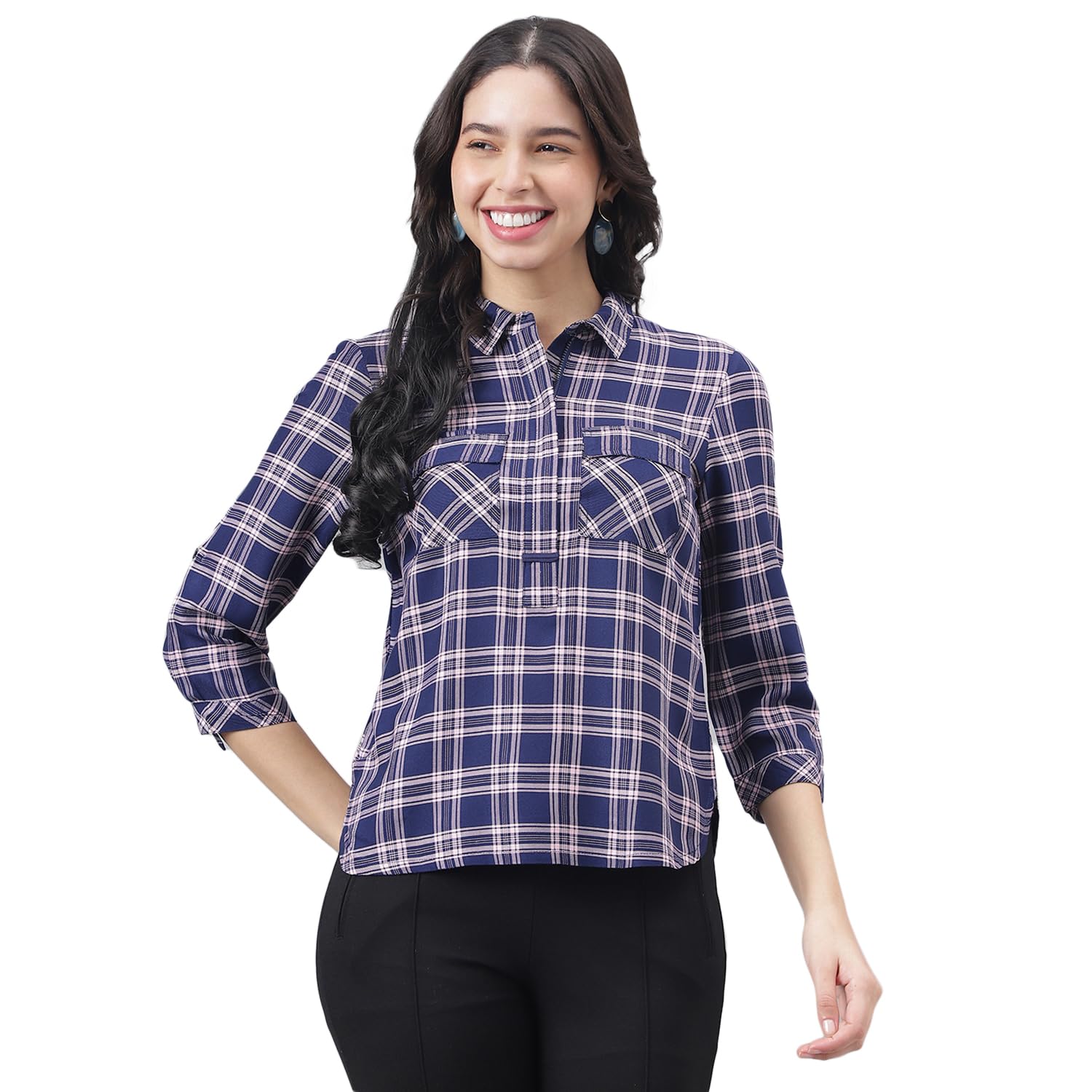 Latin Quarters Women Blue Navy 3/4 Sleeve Shirt Collar Checked Top-picture-16