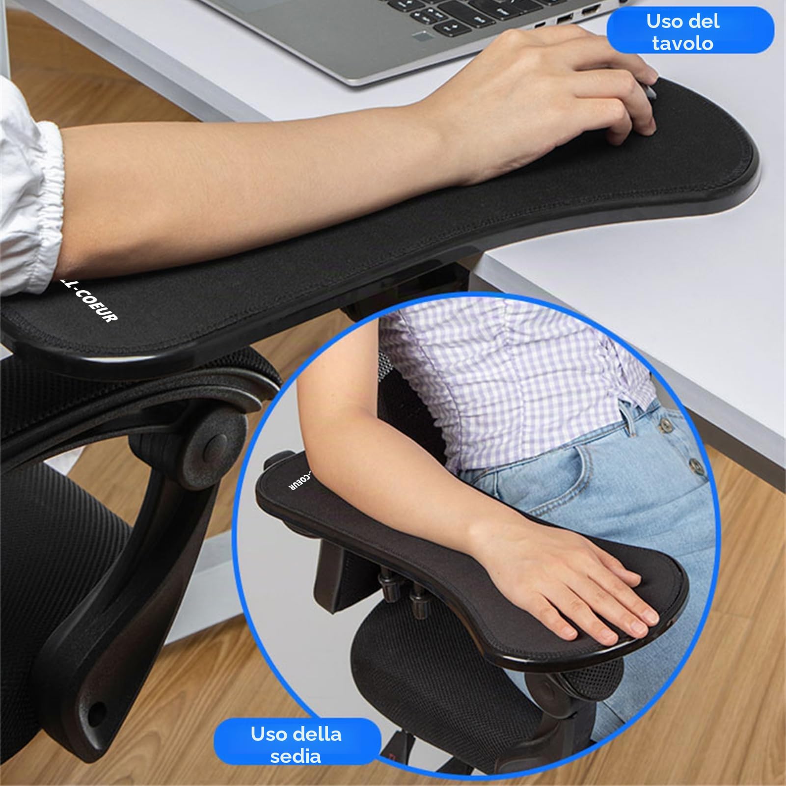 LL-COEUR Confezione da 2 poggiapolsi per tavolo e sedia, braccio ergonomico da scrivania, supporto multifunzione per mouse per computer (2 x nero)