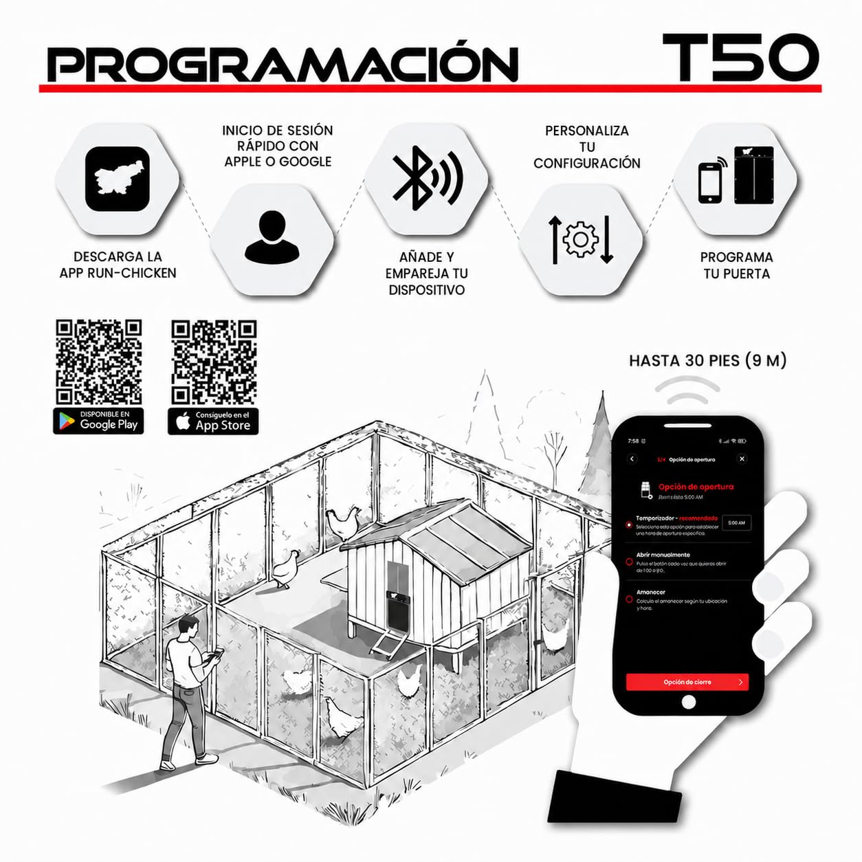RUN‑CHICKEN Door T50 Gray – Puerta automática Gris para gallineros, Funciona con Pilas AA, Control por App, Sensor de luz, Temporizador con retardo y Aluminio Resistente para Exteriores