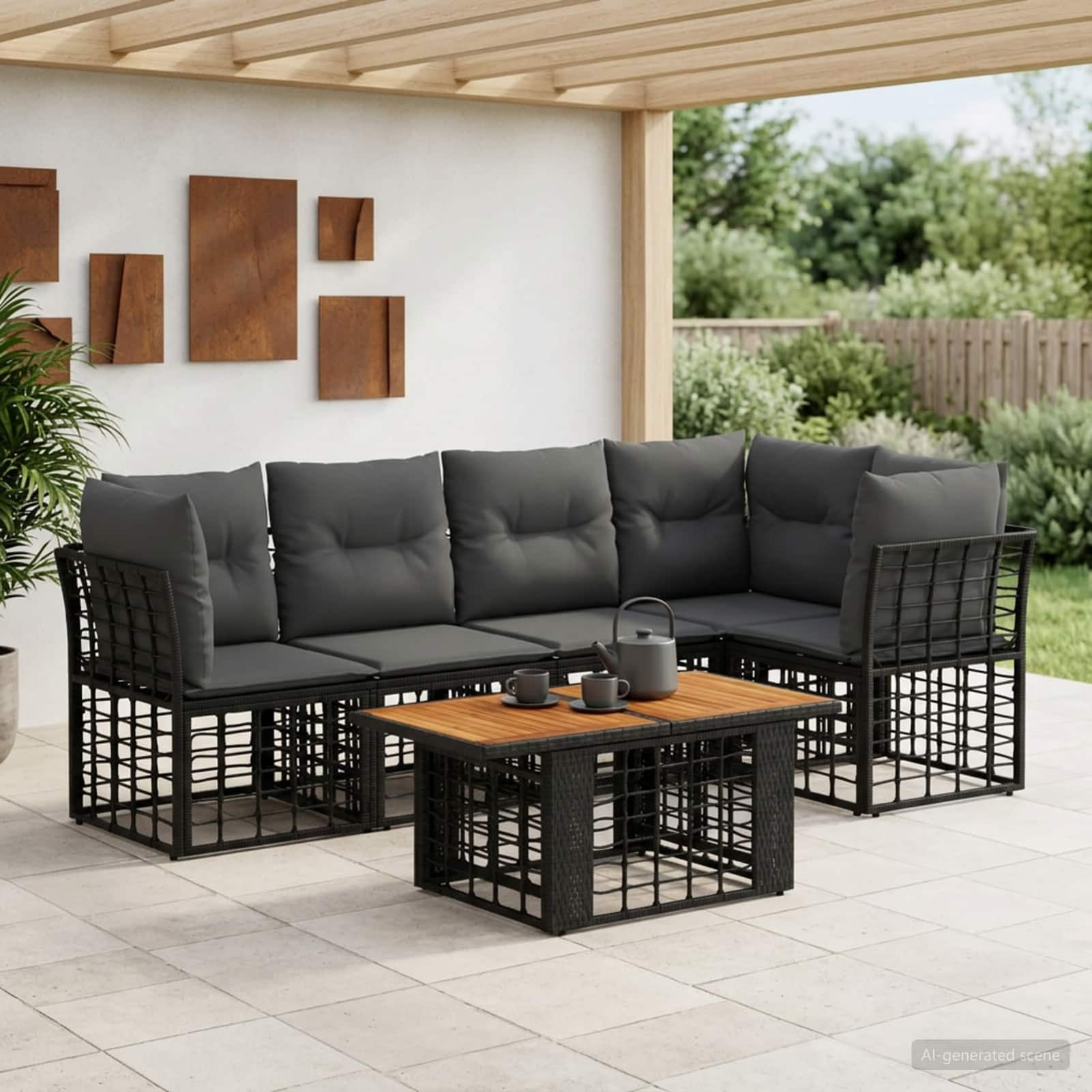 Homgoday Gartensofa Set 6-TLG Poly Rattan Schwarz Dunkelgrau Gartenmöbel Lounge Sitzgruppe mit Akazienholz Tisch, 5 Sitzplätze, wetterfest, modulares Design, für Terrasse Balkon Garten 3437863