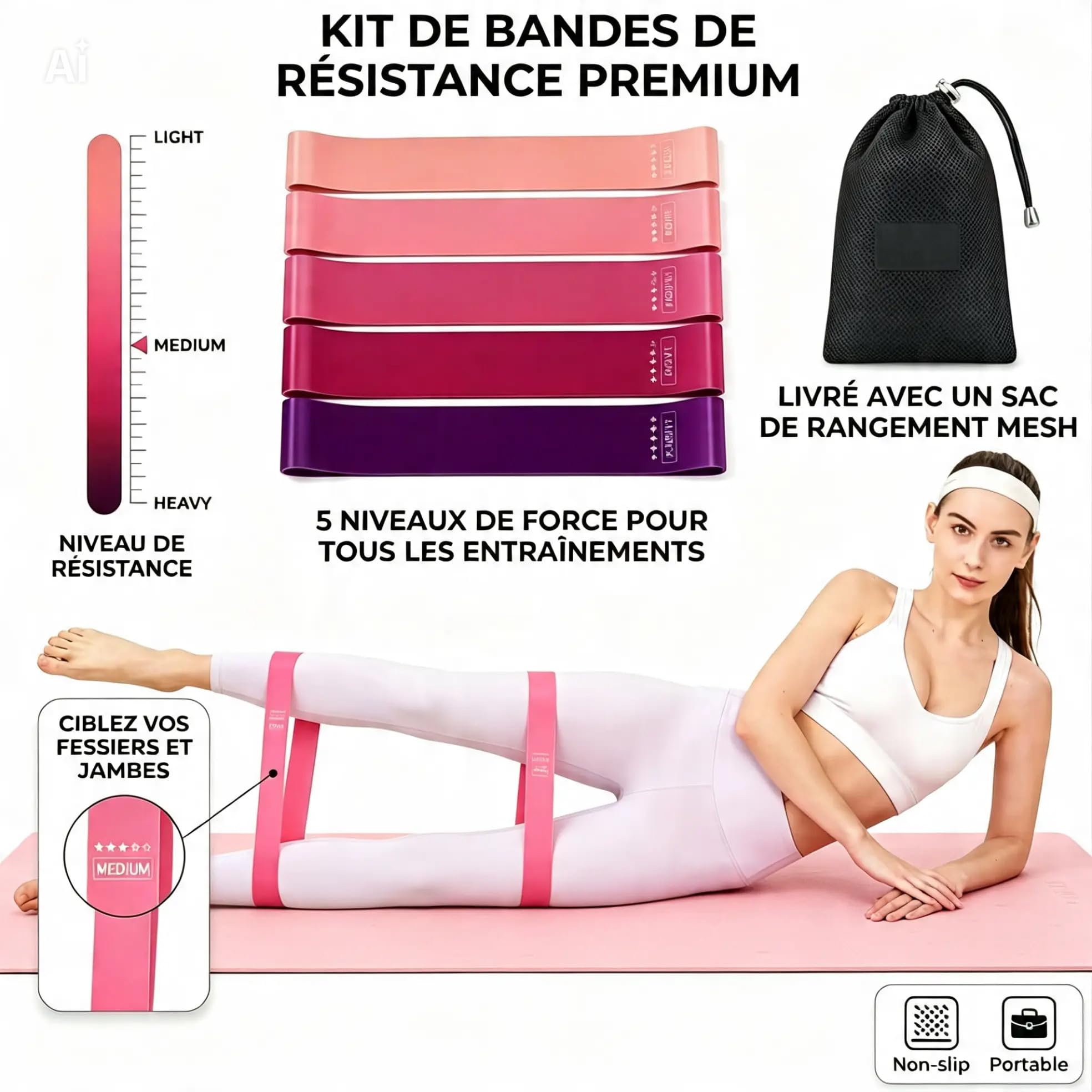 Kit Yoga 3 en 1, Tapis de Yoga Antidérapant Rose + 5 Bandes Élastiques de Résistance + Sac de Transport, Set Complet Fitness et Pilates