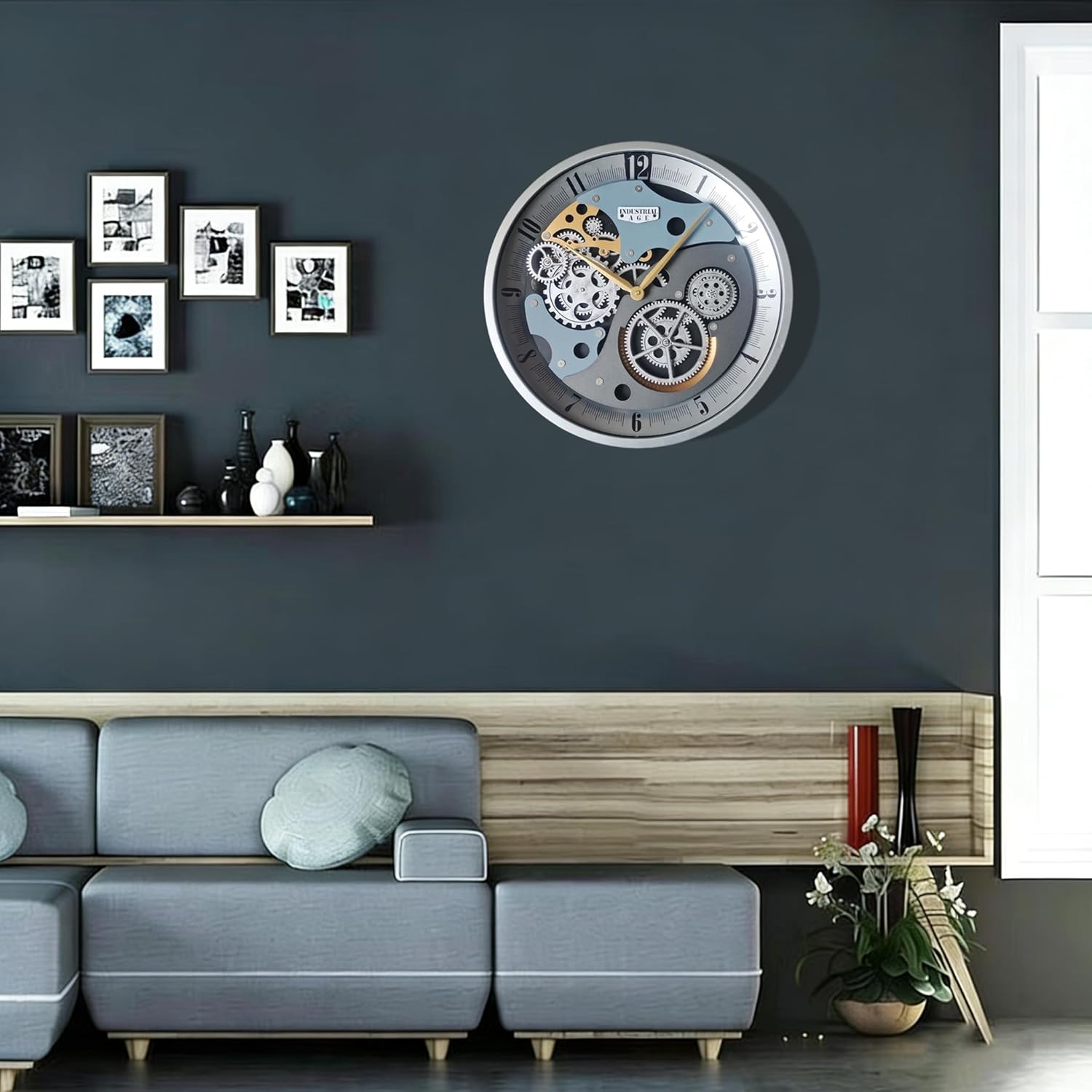 Industrial Wall Clock, Non-Ticking Vintage Moving Gear Battery Operated Original Antique Steampunk Decor Metal Clock for Living Room, Farmhouse, Home Kitchen (Silver-Blue, 18 Inch)