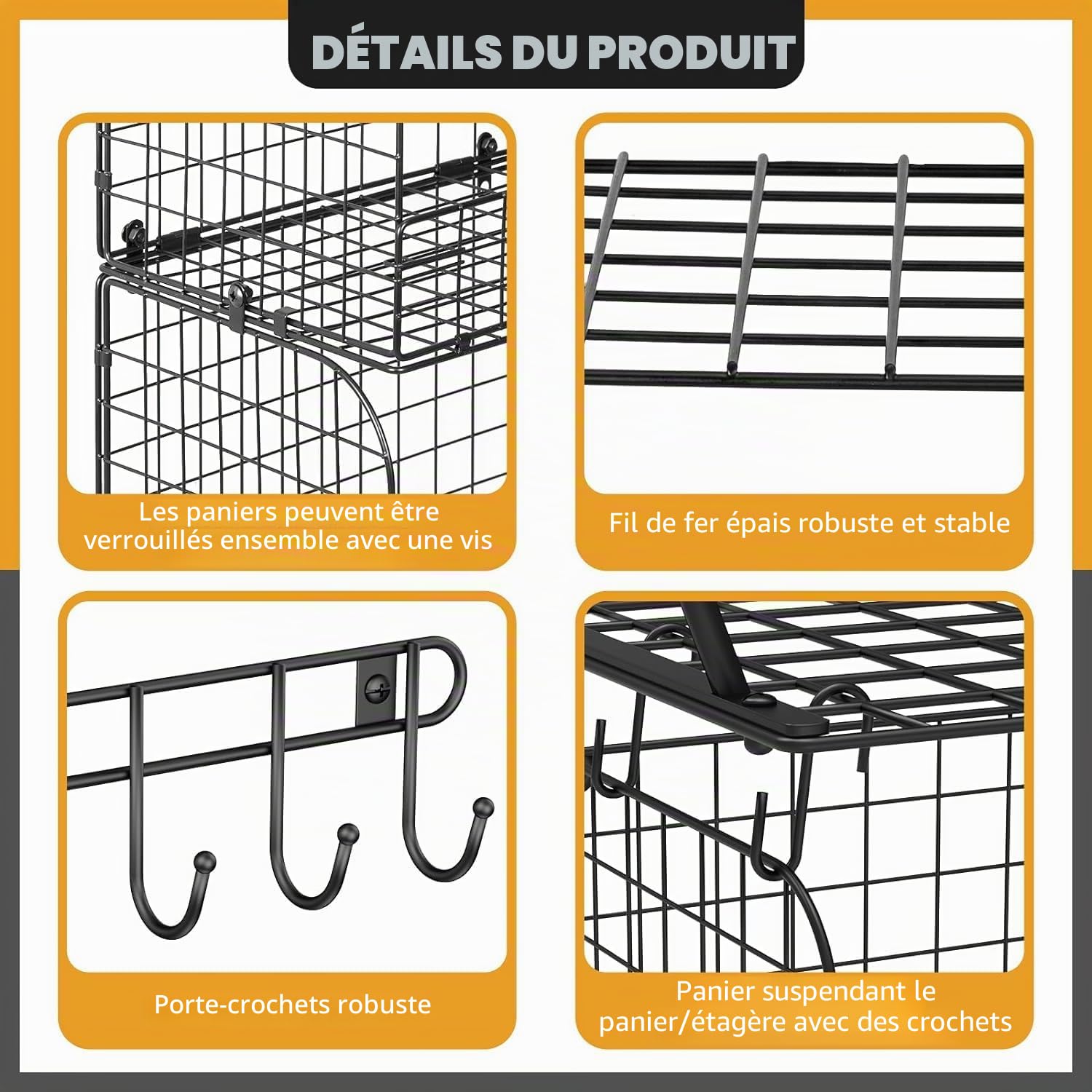 Lot de 2 étagères de garage à fixation murale avec paniers en fil métallique - Robuste - Avec crochets - Pour la maison, le jardin, le garage