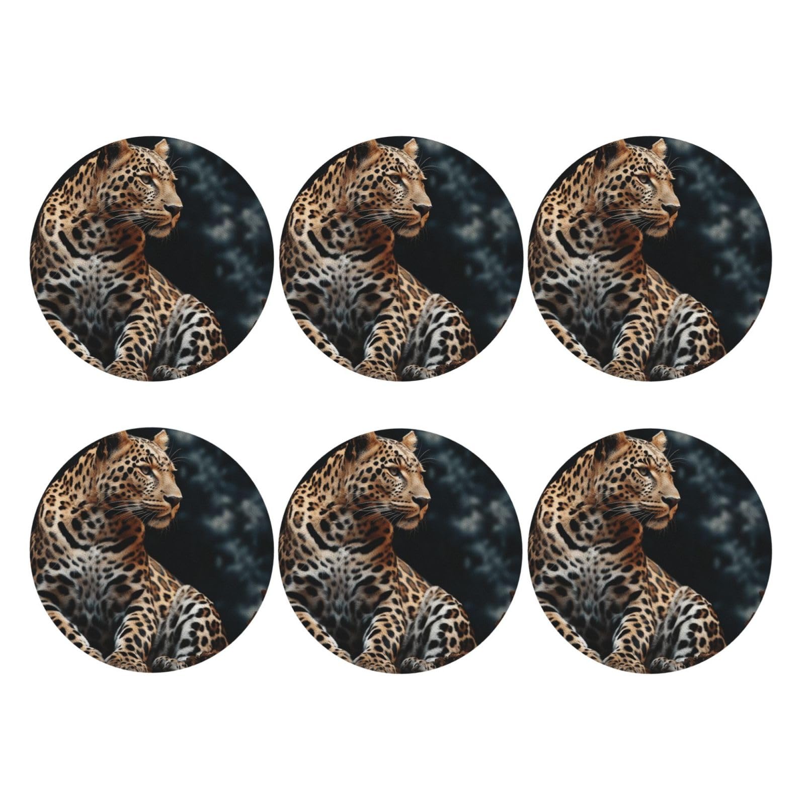 6pcs Leather Coasters for Drinks, A Leopard Sits Drink Coasters for Tabletop Protection, 4" Cup Coasters for Coffee Table Decor, Non-Slip Drinking Cup Mat for Hot Or Cold Drink