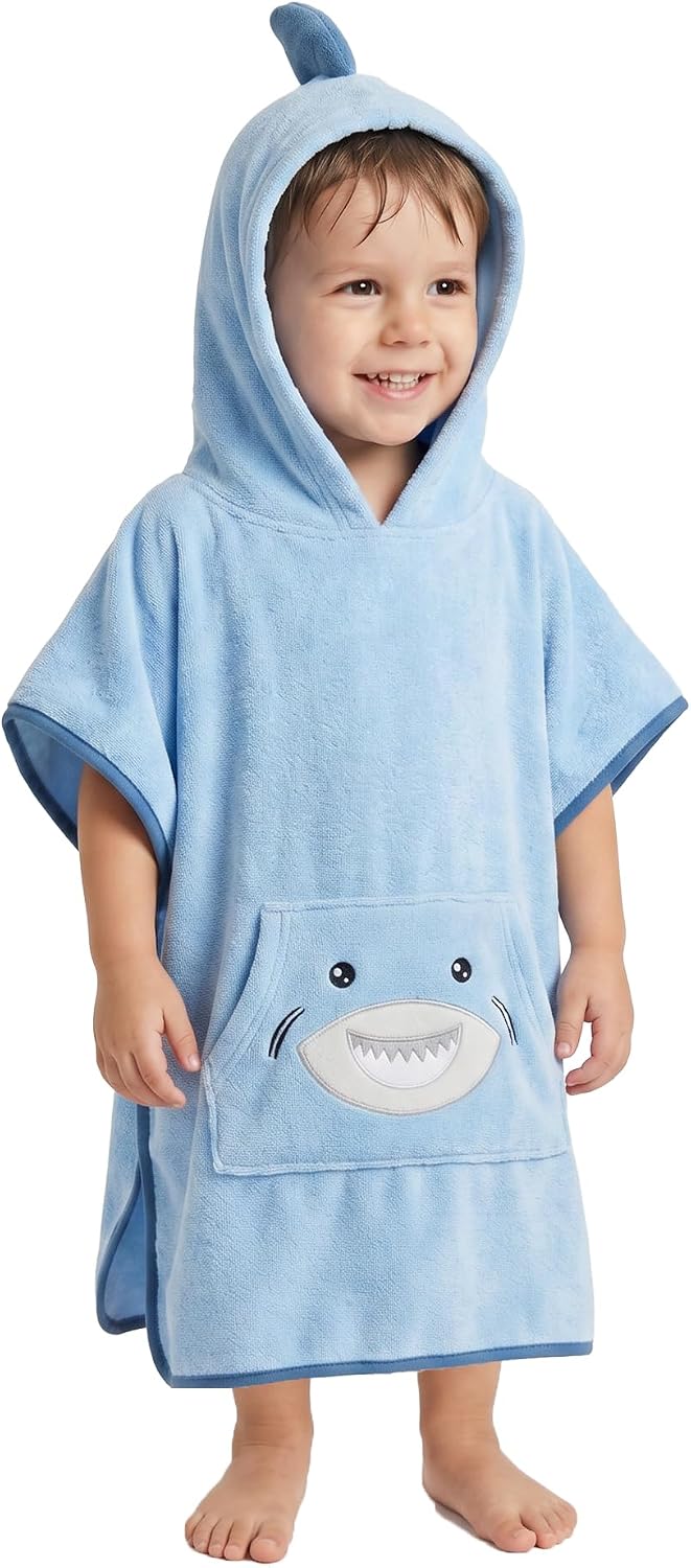 The Big Softy Toddler Towel Poncho, Blue Shark Hooded Beach & Swim Cover Up | Soft Microfiber Dries Fast, Snap Poppers Stay Put, Roomy Pocket, Machine Washable; Pool, Lake & Bath Ready; Boys & Girls 2-4