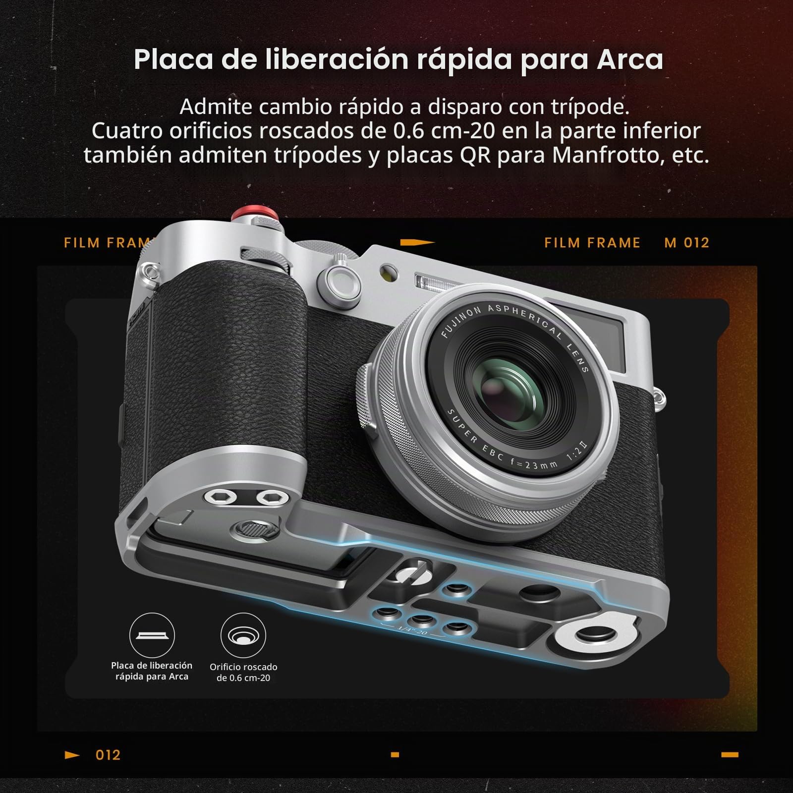 SMALLRIG X100VI Empuñadura en Forma de L para Cámaras FUJIFILM X100VI y X100V, Placa de Liberación Rápida Incorporada para Arca, Mango Lateral de Silicona Liviano, con Botón Obturador - 4555