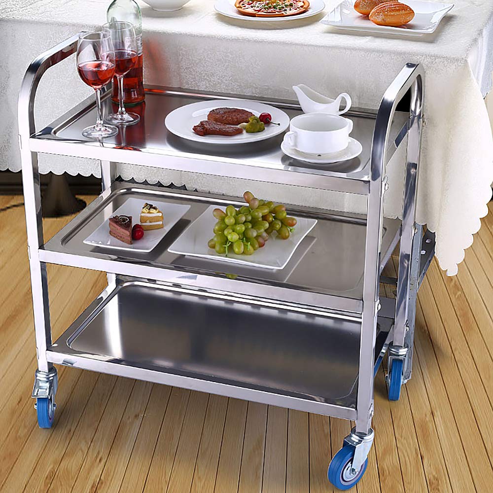 Carros de Servicio de 3 Niveles, Carro Grande de Acero Inoxidable con Rruedas Universales para Cocina/Hotel/Restaurantes/Hogar de Atención (Acero Inoxidable, 95x55x95cm)