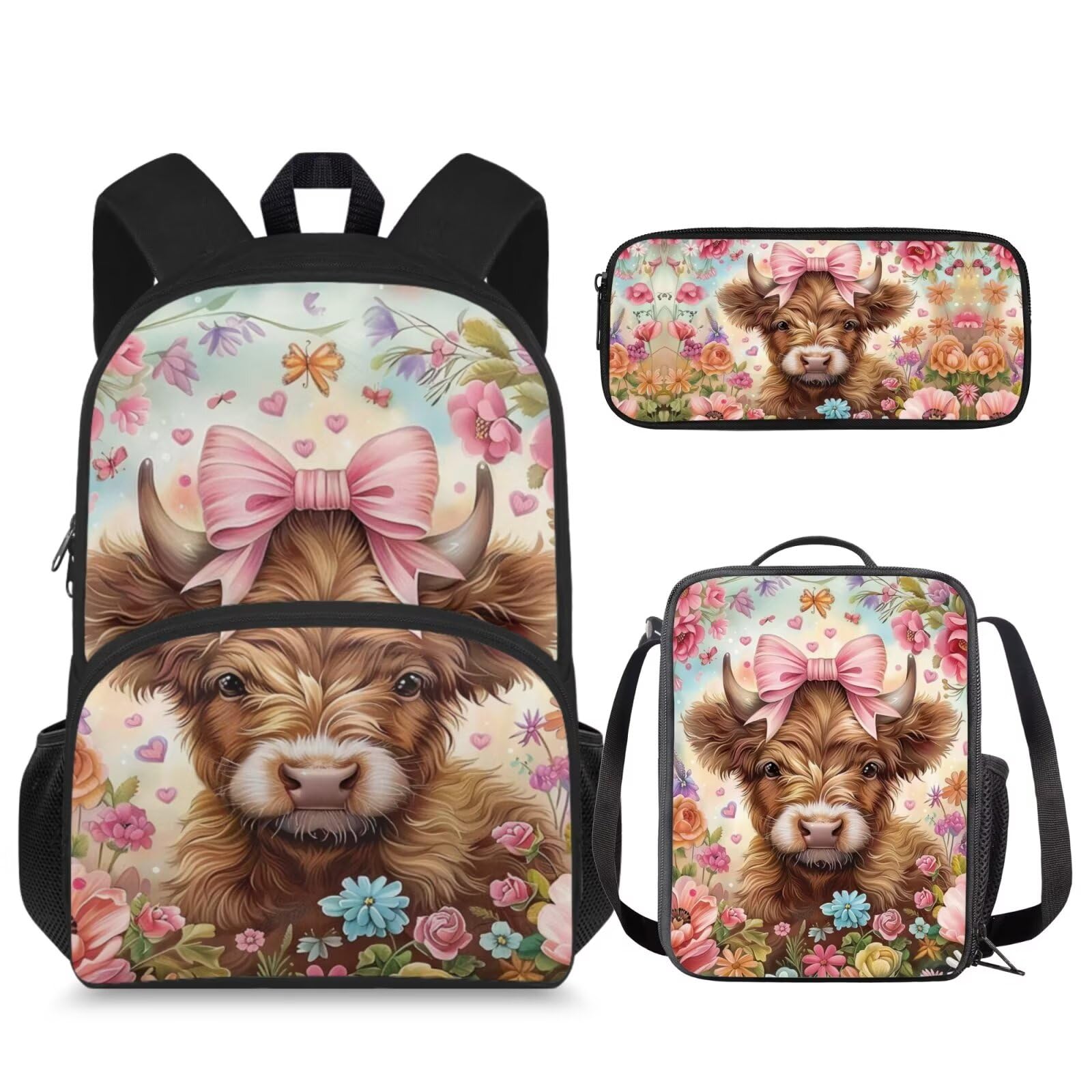 SCRAWLGOD Highland Cow Backpack with Lunch Box for Girls 6-8/8-10/10-12 Floral Kids Bookbag and Lunchbox Set Elementary School 15in Book Bags 3 in 1