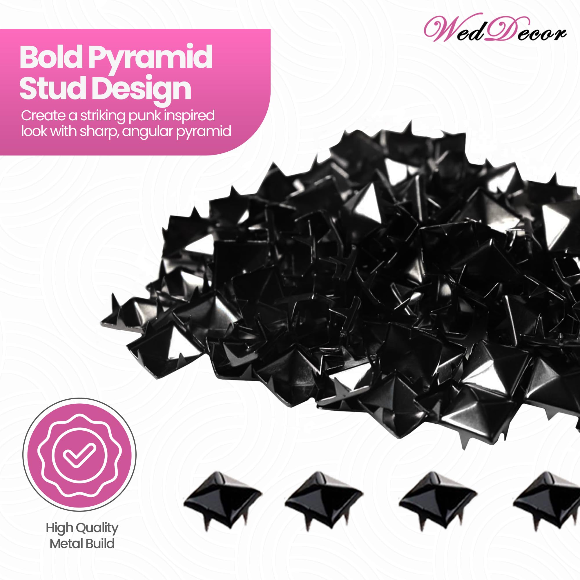 WedDecor 50 Borchie Piramide Quadrate 12mm + Attrezzo Di Montaggio - Punte Metalliche Per Moda Punk E Goth - 2