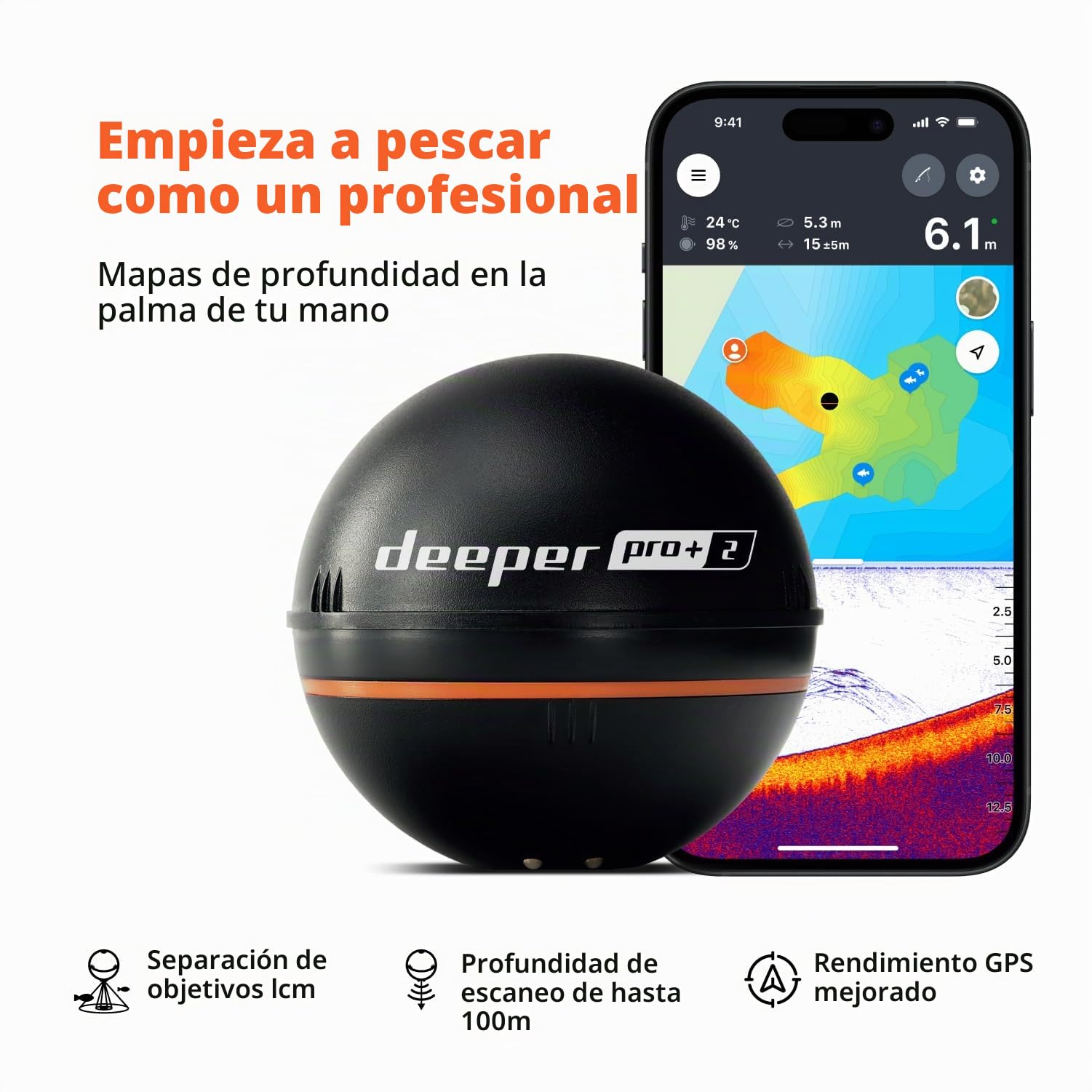 Deeper Pro+ 2 Sonda de Pesca 100m Detector Radar Peces Portátil WiFi GPS