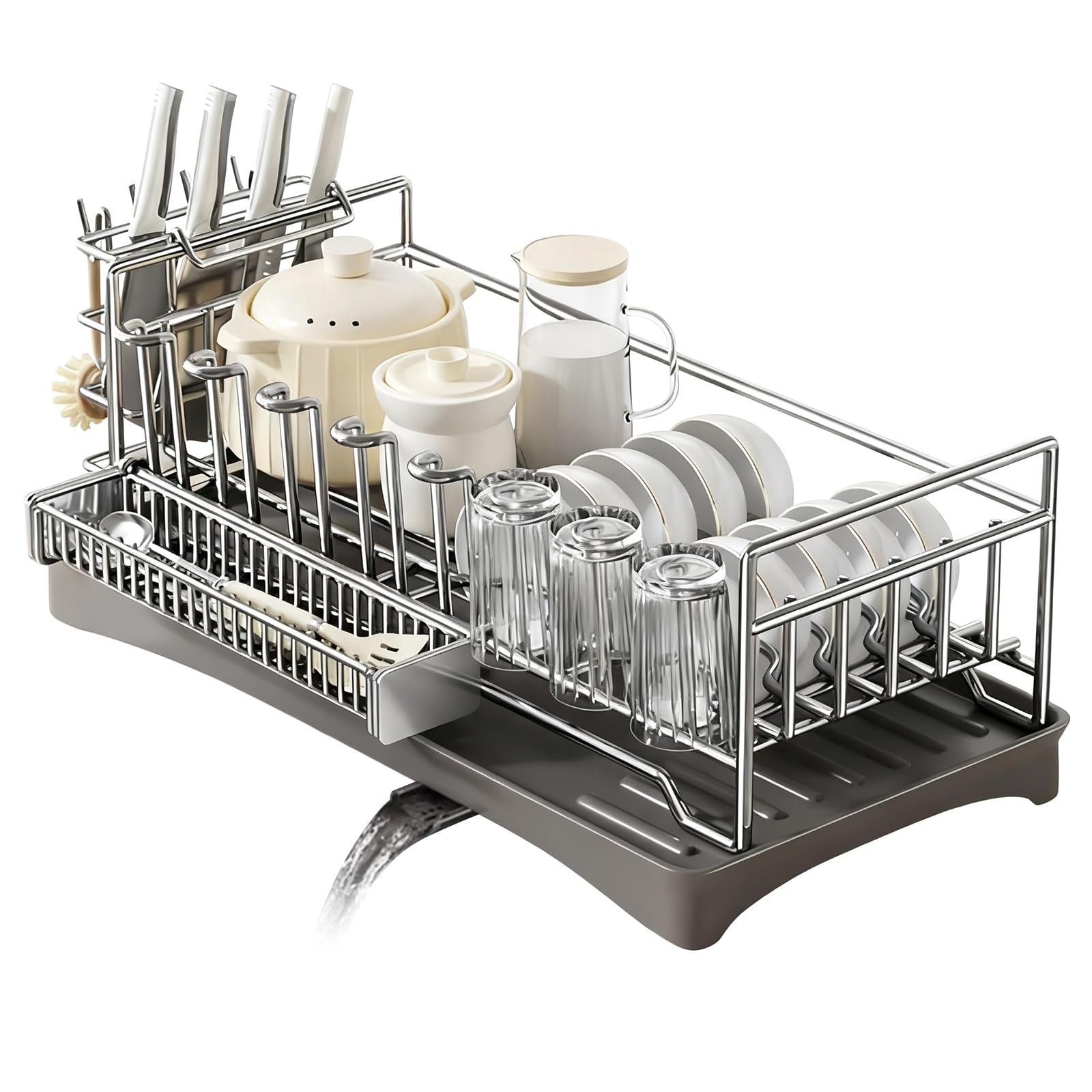 Stainless Steel Over The Sink Dish Rack with Drip Tray Kitchen Sink Organizer with Chopstick Holder and Knife