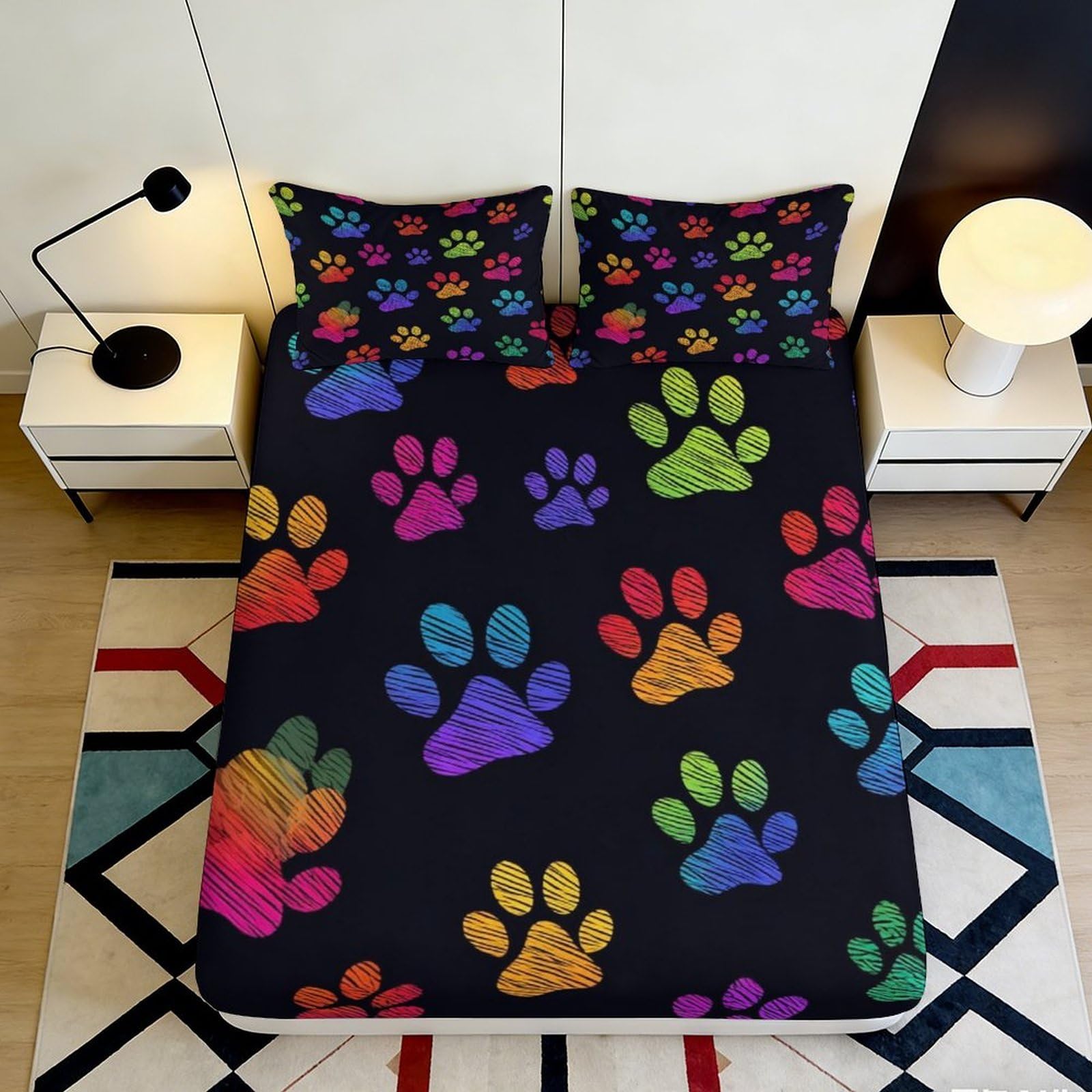 3D Printed Colorful Paw Pattern Fitted Sheet Microfiber Soft Bed Cover for Bedroom Guest Room Dorm Mattress Protection 90x200x25cm