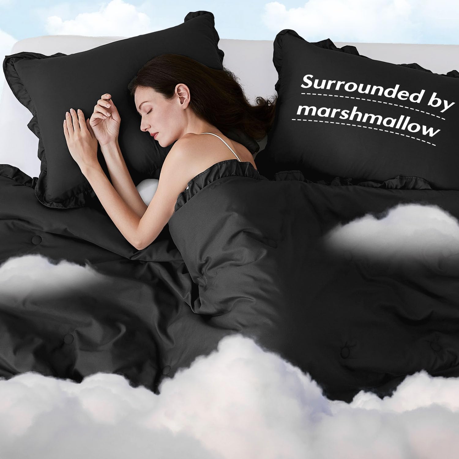 HARBOREST Lightweight 2 Pieces Black Ruffle Bed Set Vintage Farmhouse Soft Comforter Set Twin with 1 Pillow Shams(Twin/Twin XL, 66x92 inches, Black): Black Queen