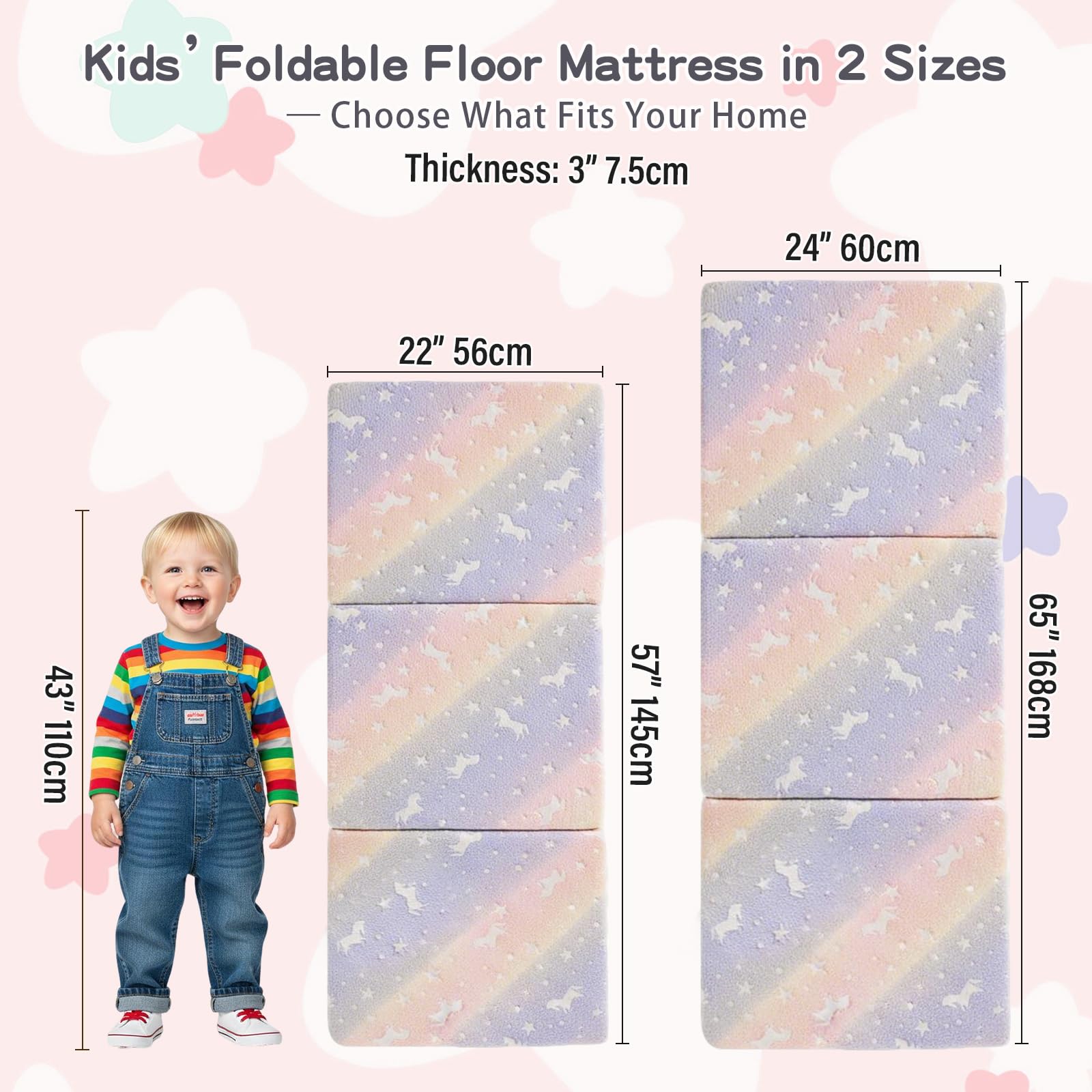 Tiita Trifold Bodenmatratze für Kinder, 145 x 56 x 8 cm Glow in The Dark Baby Kinder Futon mit abnehmbarem Bezug, Kleinkind Boden Bett Nap Matte mit Aufbewahrungstasche, Pink Pegasus