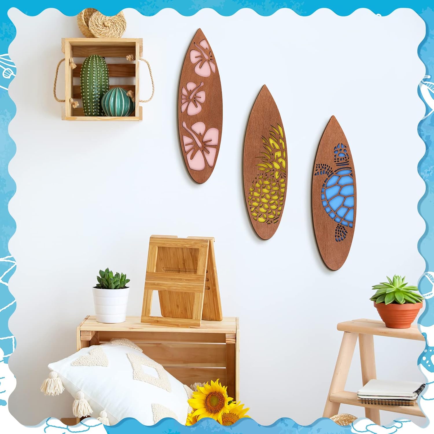 Tatuo 3 Pcs Surfboard Wall Decor for Bedroom Summer Beach Room Decor Wooden Tropical Hawaiian Surfboard Hanging Wall Art with Hibiscus Sea Turtle Pineapple Patterns for Home Living Room Party image 4