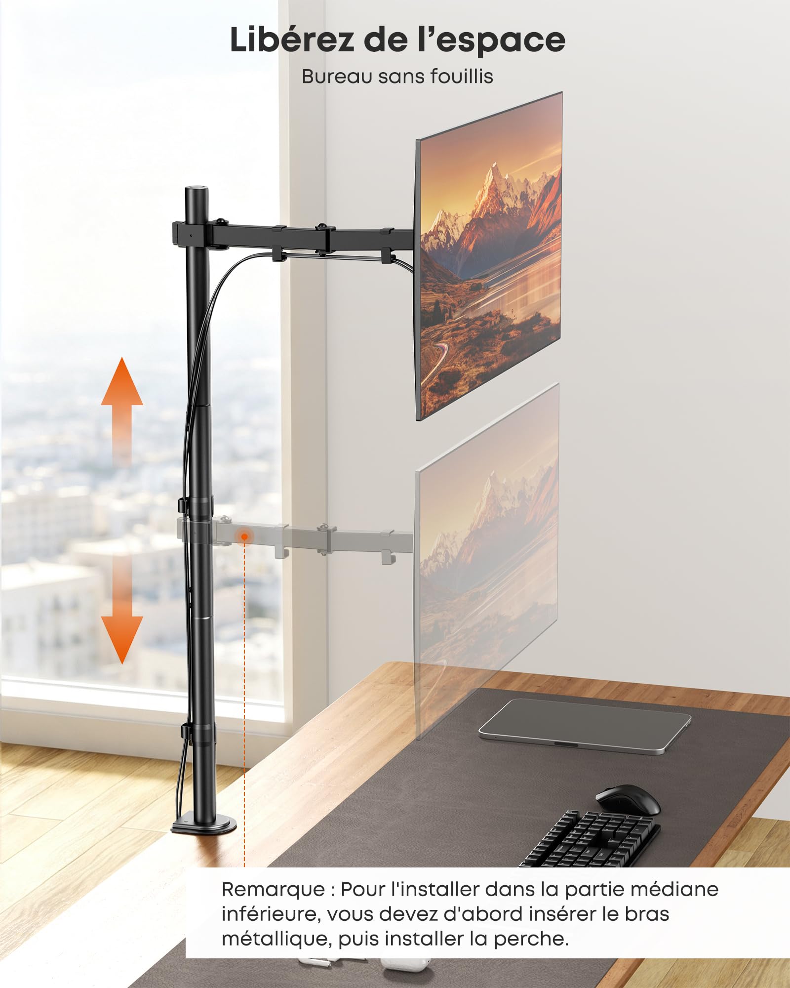 PUTORSEN Support de moniteur haut avec barre de 100 cm de haut pour écrans de 13 à 32", réglable en hauteur, inclinable et pivotant, jusqu'à 9 kg, VESA 75 x 75/100 x 100 mm, support de table noir