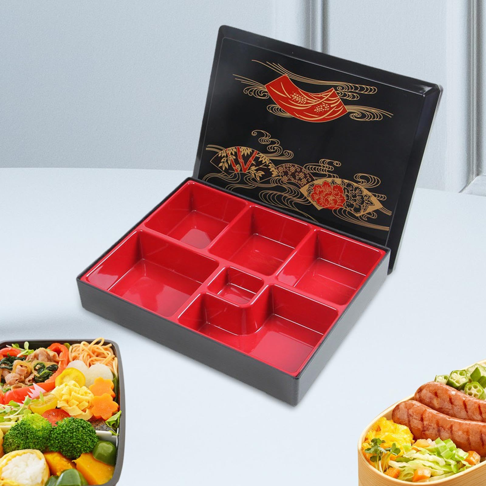 Gralara Boîte à Bento Japonaise Rouge et Noire avec Couvercle, Idéale pour La Maison, Le Bureau Ou Un Restaurant, modèle A