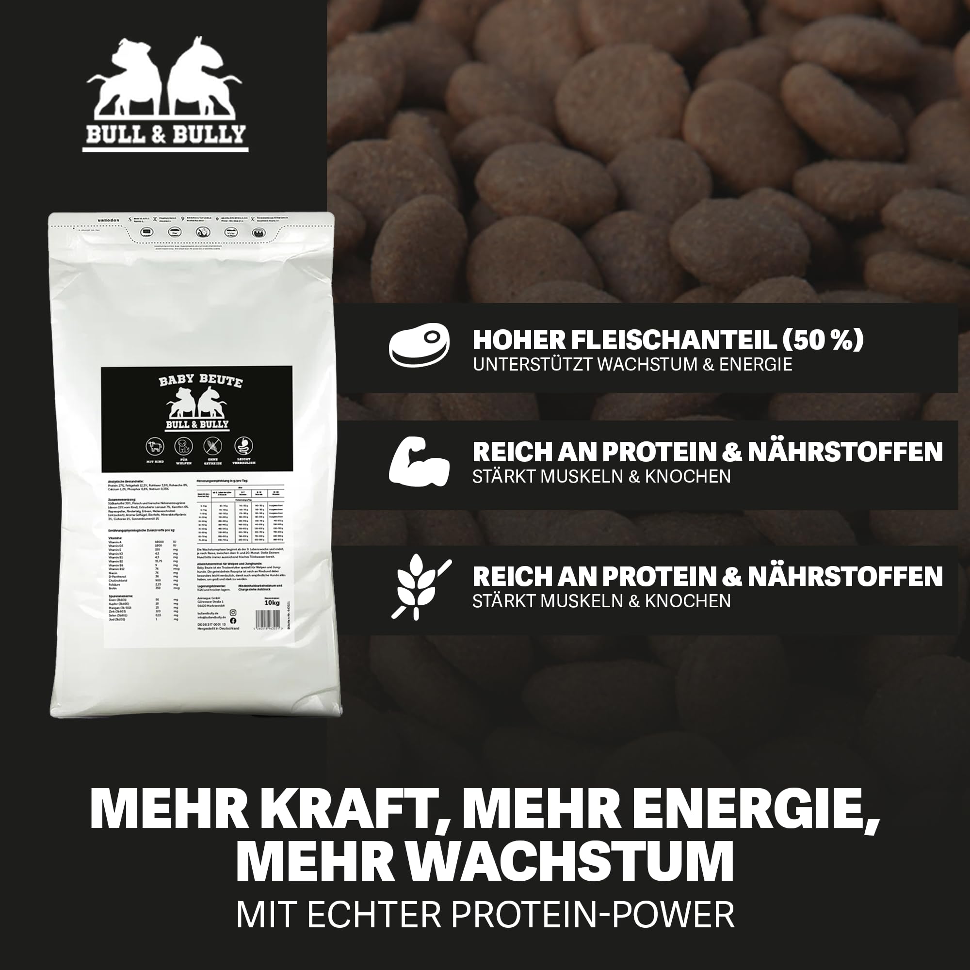 Hundefutter Baby Beute Hundefutter Trocken – Trockenfutter für Hunde 10Kg | Tierärztlich entwickeltes Hundetrockenfutter Premium Dog Food mit Beef Protein – Energiereiches Hundefutter von BULL & BULLY