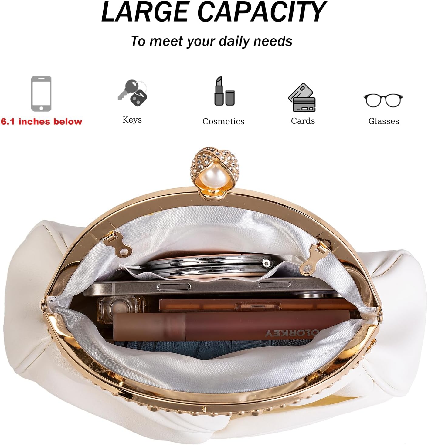 Womens PU Leather Woven Dumpling Purse with Pearl Chain, Crossbody Bag Evening Clutch for Wedding Party Prom