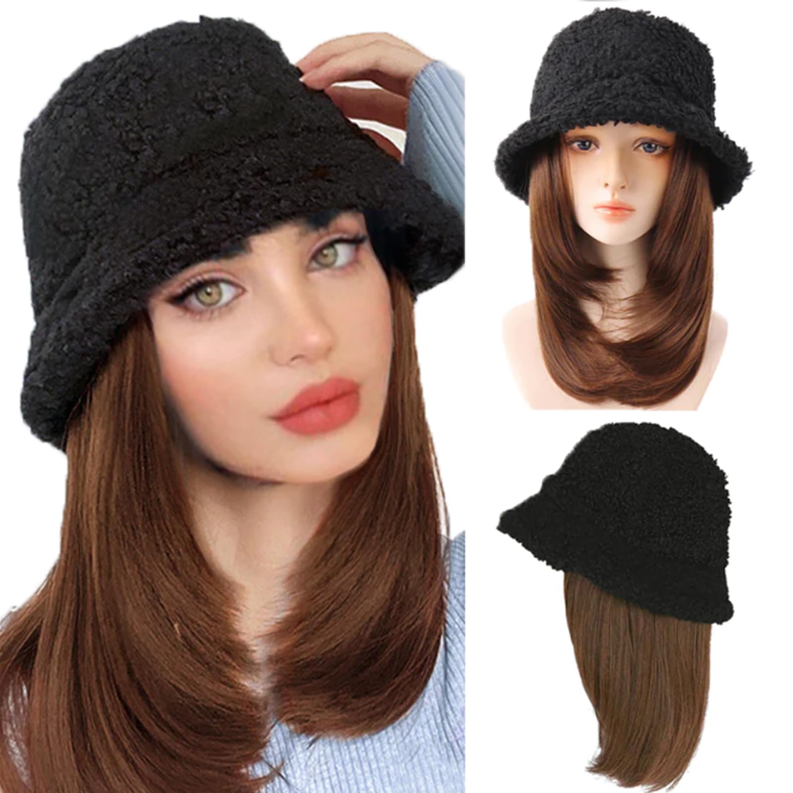 WUODHTW Winter Fisherman Hat with Hair Curly Wavy Straight Hairpiece Cosplay Wig Hat Women Lambs Wool Bucket Cap with wig