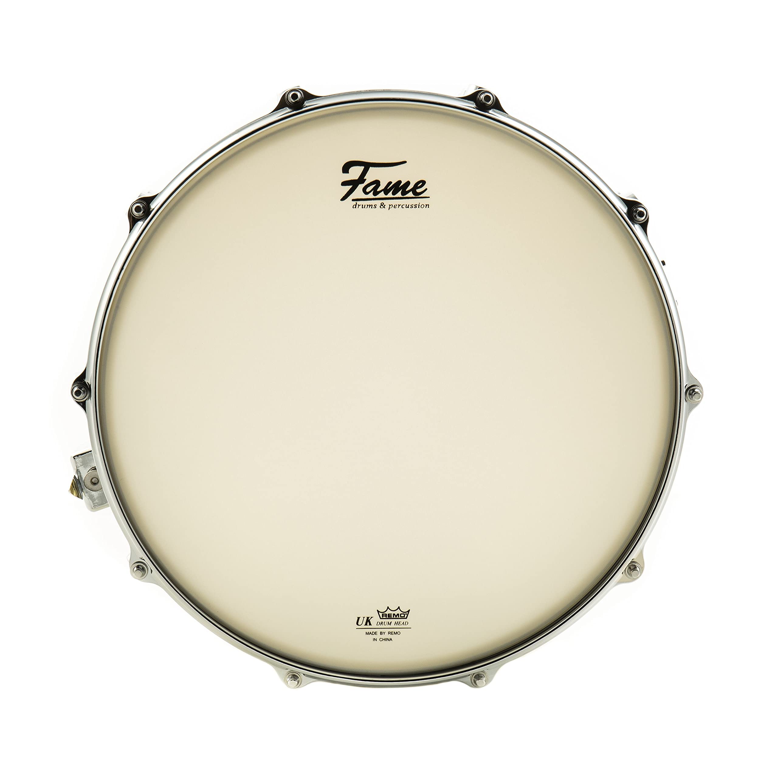 Fame FSB-65 Hammered Brass Snare Drum, 14"x6.5", Professionelle Qualität, Gehämmerter Messing Kessel, 10 Stimmschrauben, Gußspannreifen, Inklusive Drum Sticks, Gold"