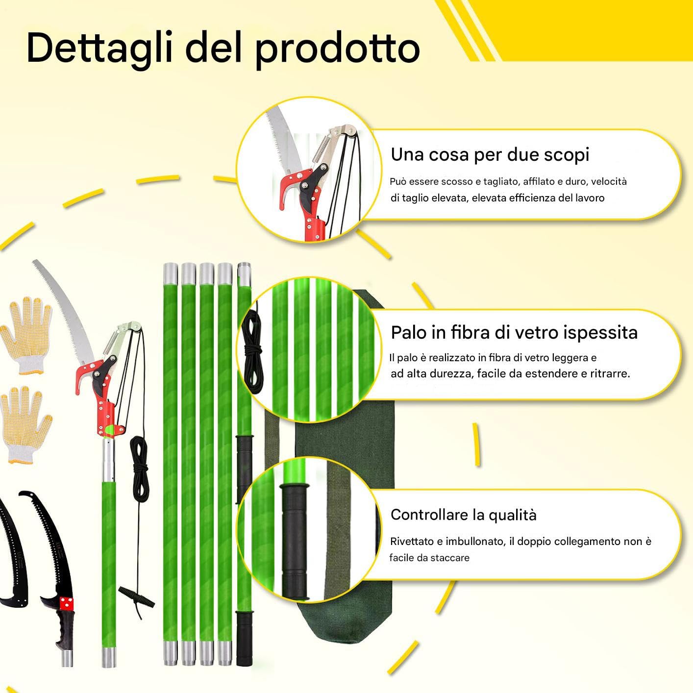 segas da potatura telescopica 6M - segas manuale regolabile da 1 a 6M con 2 lame, forbicis, borsa, 6 manici in fibra di vetro leggeri, set di attrezzi da giardino per potare palme e arbusti