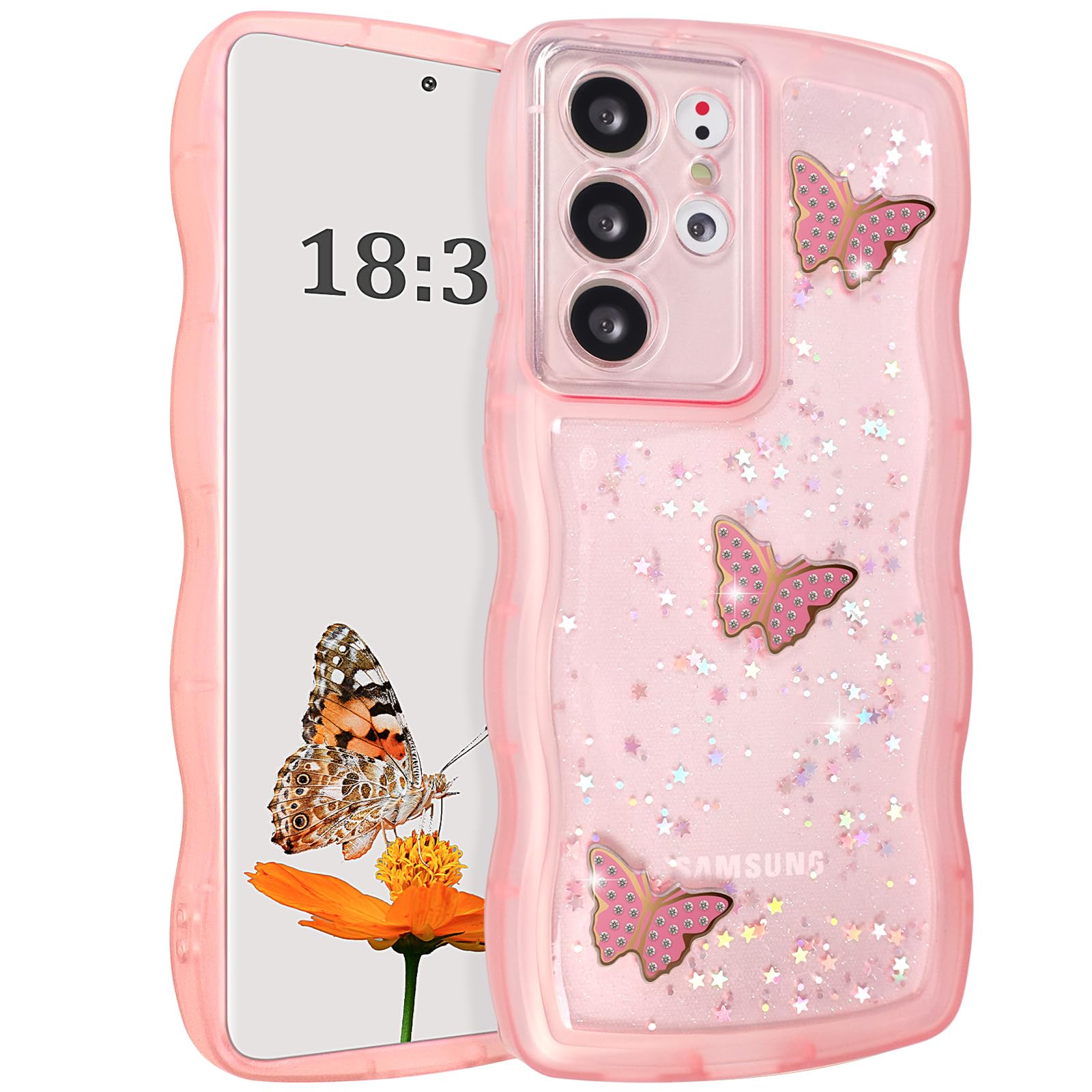 HMSSIQI Clear Wave Case for Samsung Galaxy S21 Ultra 5G (6.8-Inch), Cute Curly Wavy Frame Soft TPU Back Cover for Girls Women, 3D Butterfly Bling