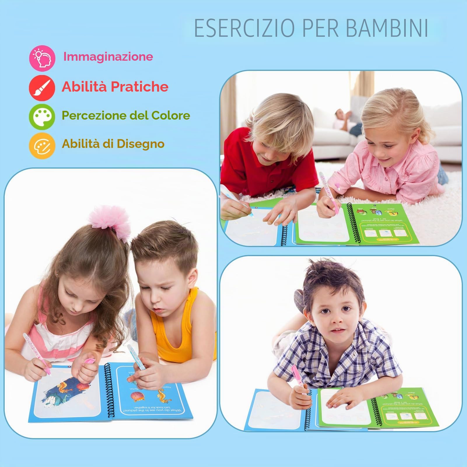 JoyPlus 4 Pezzi Libro di Pittura ad Acqua con 4 Penna Acqua, Libri da Colorare per Bambini, Riutilizzabili Libro Magico ad Acqua da Colorare, Pittura Giocattolo Regalo per Ragazzi Ragazze Bambini
