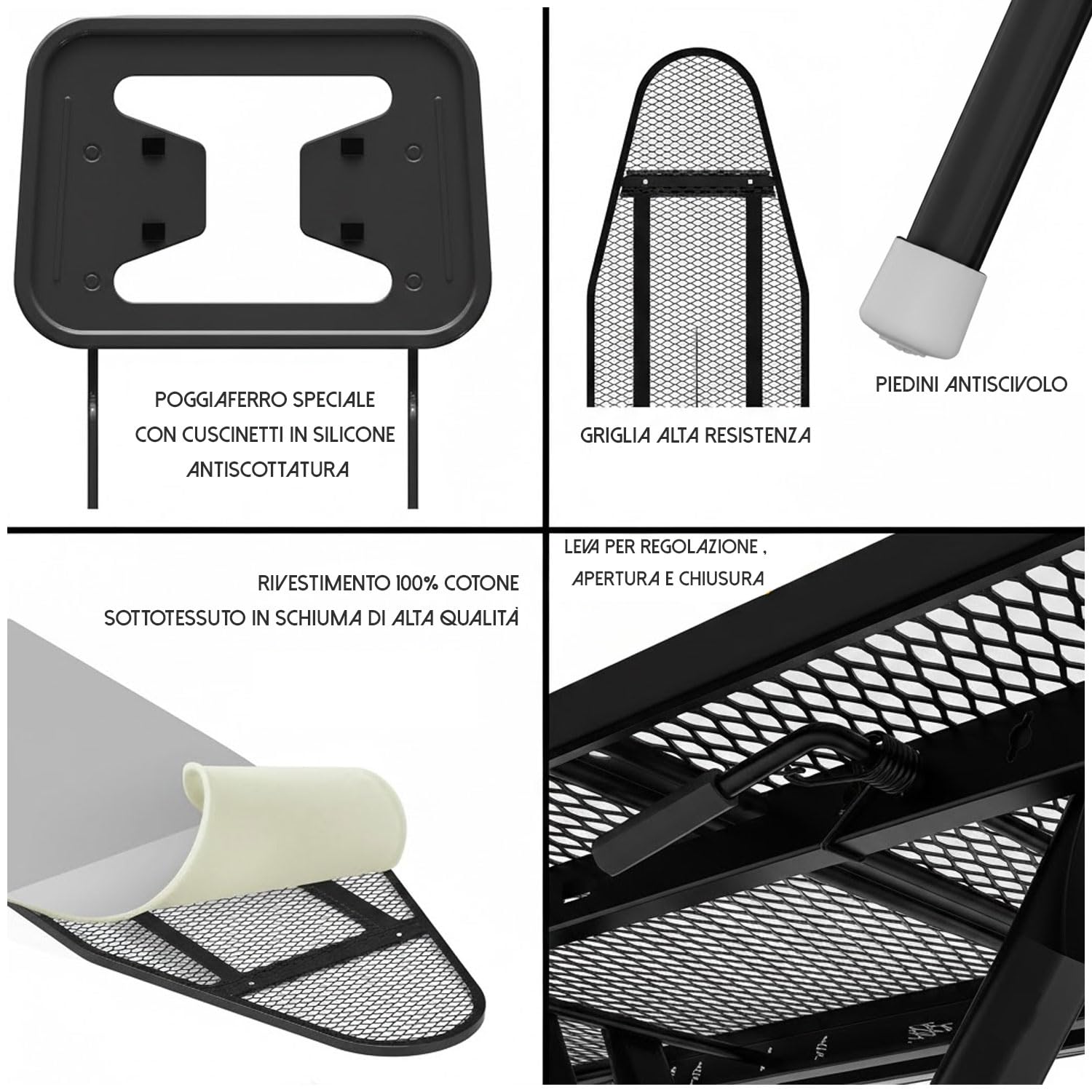 HYTAMA TOOLS - Asse da Stiro BRAVA 33x110cm In Acciaio con Leva Pieghevole, Salvaspazio con Poggiaferro, Piedi Antiscivolo, Regolabile, Rivestimento 100% cotone Sottotessuto in schiuma di alta qualità