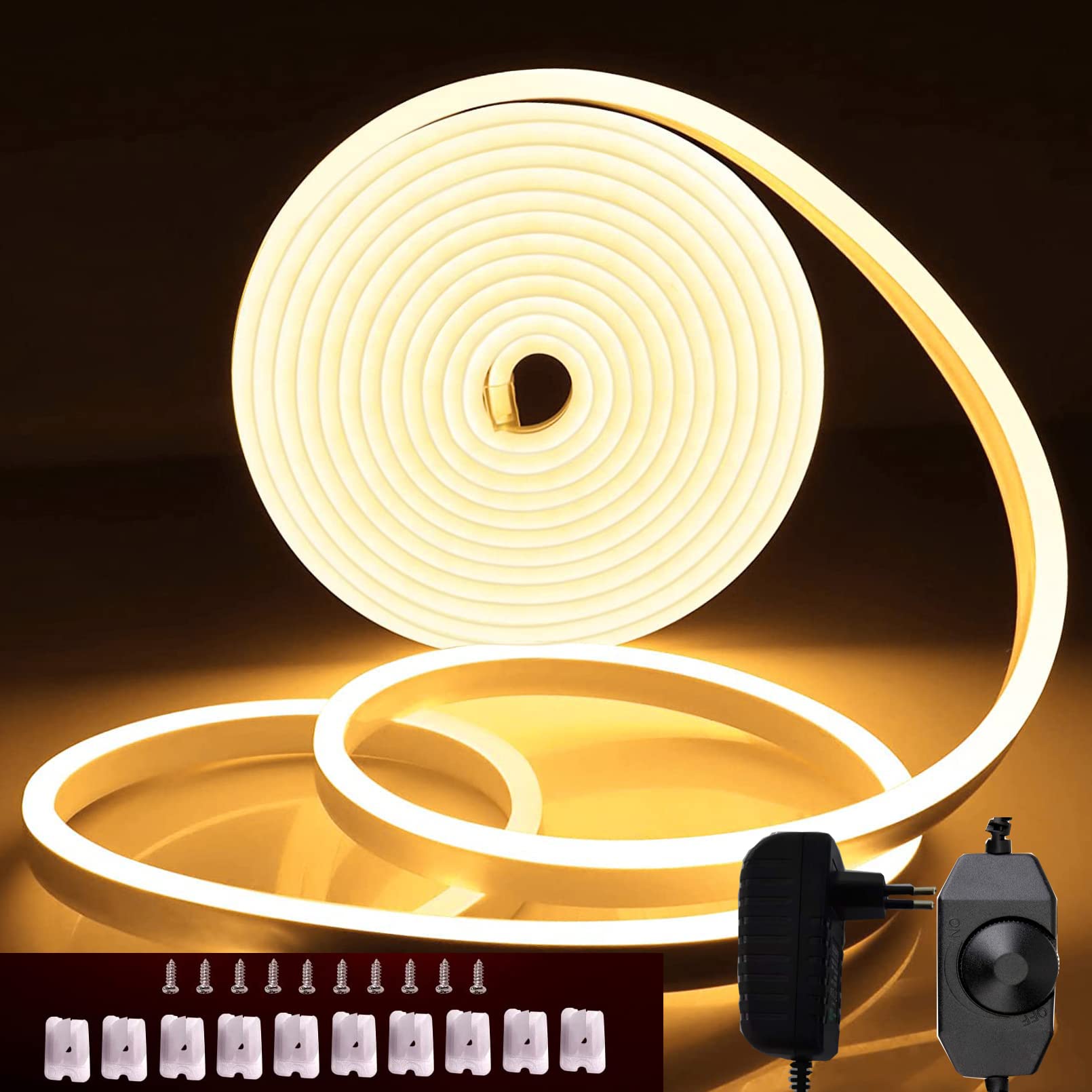 GAABUTEMAWarm White Neon LED Strip Light 5m, Dimmable Neon Strip Lights DC 12V 600 LEDs, Flexible Waterproof Neon Rope Light for Bedroom Wall, Party Decor(Power Adapter Included)