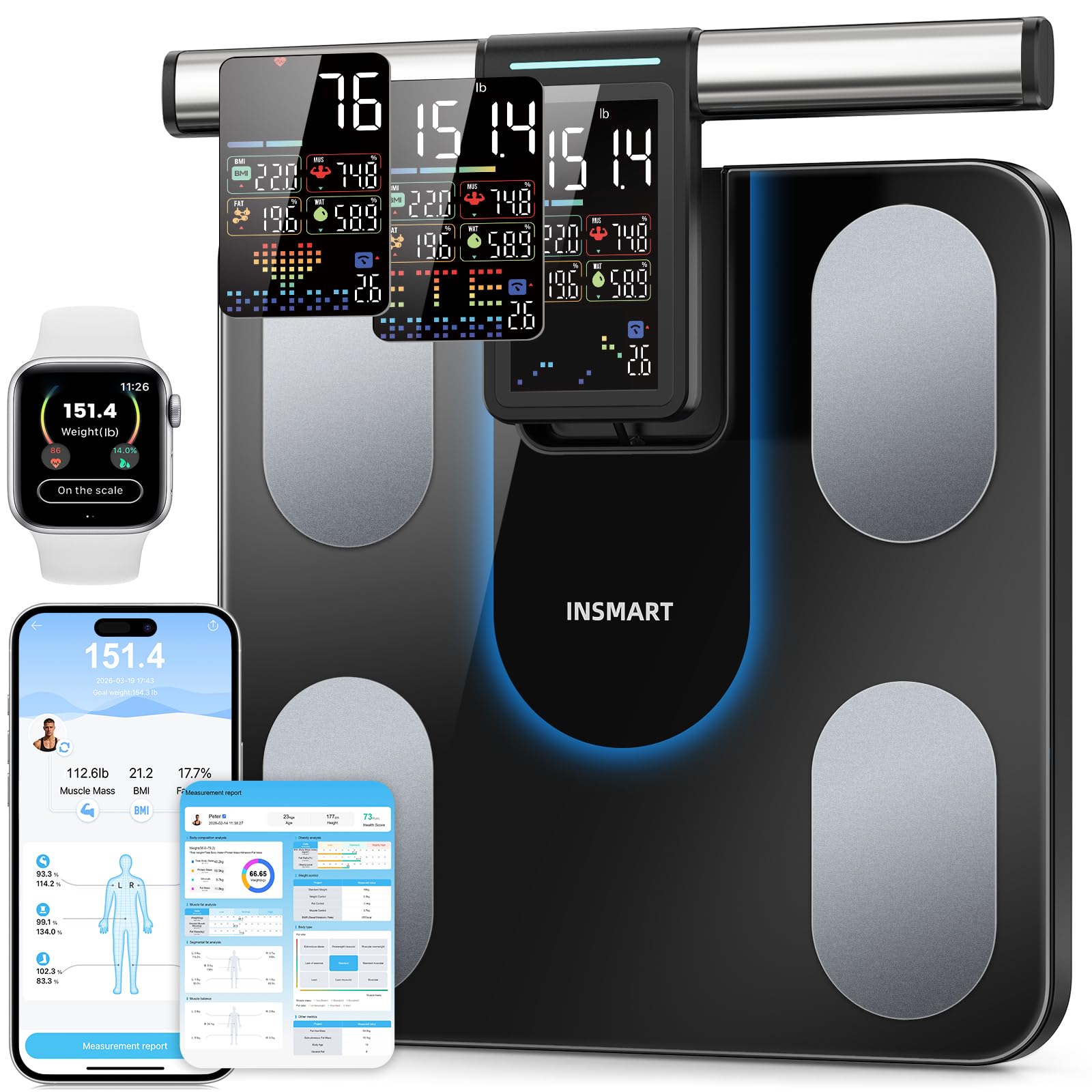 INSMART Bilancia intelligente per il peso corporeo, grande display per il grasso corporeo, bilancia da bagno Bluetooth ad alta precisione per la frequenza cardiaca BMI, analizzatore della composizione