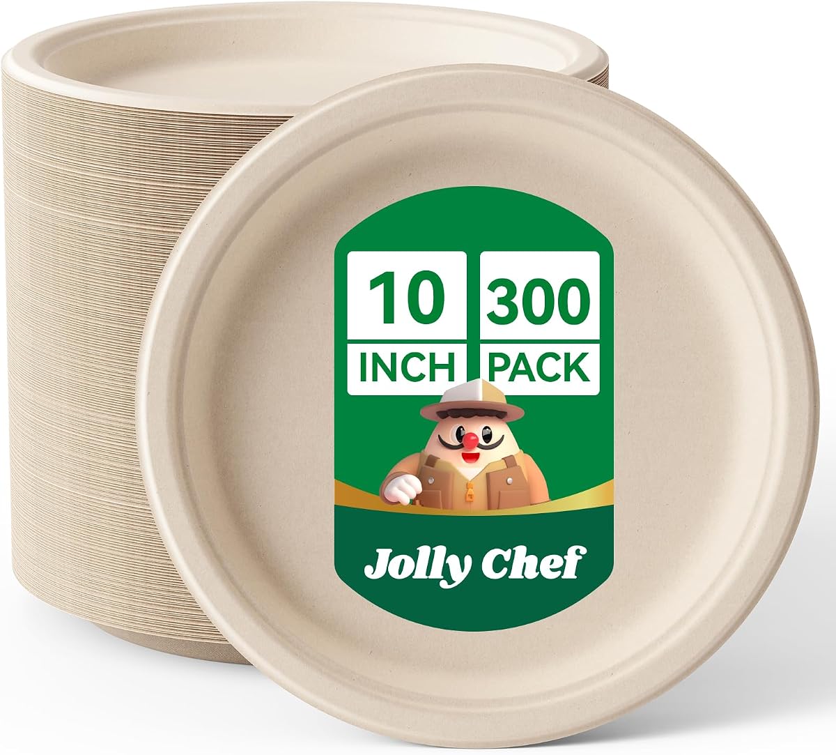 Compostable Heavy Duty Plates 𝟭𝟬 𝗜𝗻𝗰𝗵 [𝟯𝟬𝟬 𝗣𝗮𝗰𝗸] Eco-Friendly Disposable Paper Plates Made of Bagasse Biodegradable Bulk for Party Dinner Sugarcane Thanksgiving Day (Natural)