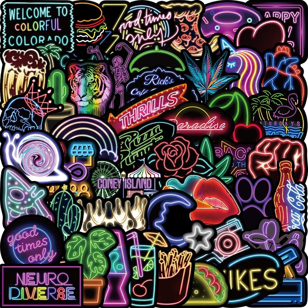 Water Bottle Stickers 100 Pcs Cool Cute Neon Sticker Pack for Kids Adults Teens, Prizes for Kids Classroom Reward, Waterproof Vinyl Stickers for Laptop Scrapbook Skateboard Journal Luggage Tumbler etc