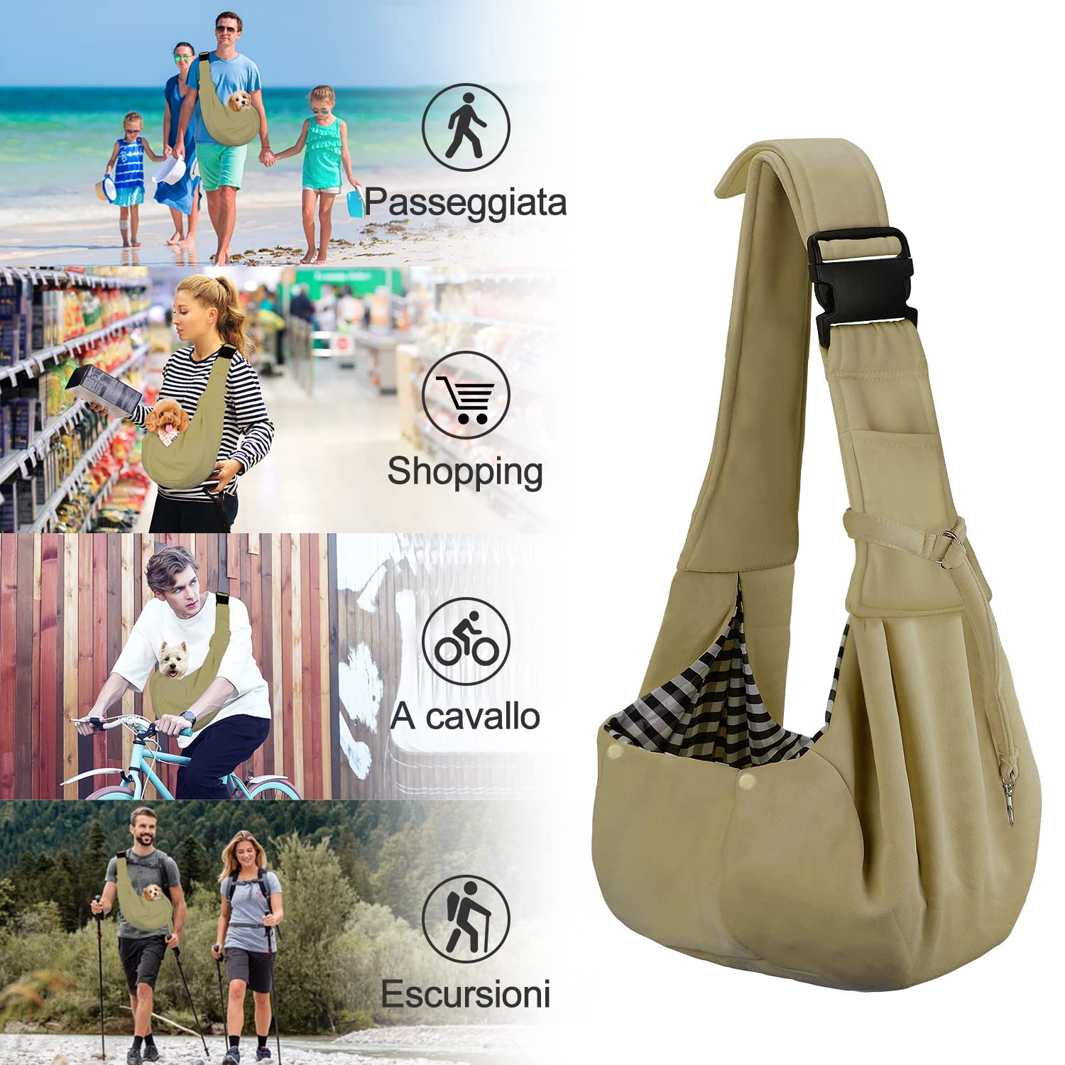 PETLOFT Reversibile Borsa Trasportino Zaino, Borsa da Trasporto per Cani Piccoli, Adjustable Borsa a Tracolla, Cross-Body Pet Sling Carrier con Gancio per Collare per Cane/Gatto Fino a 4.99kg