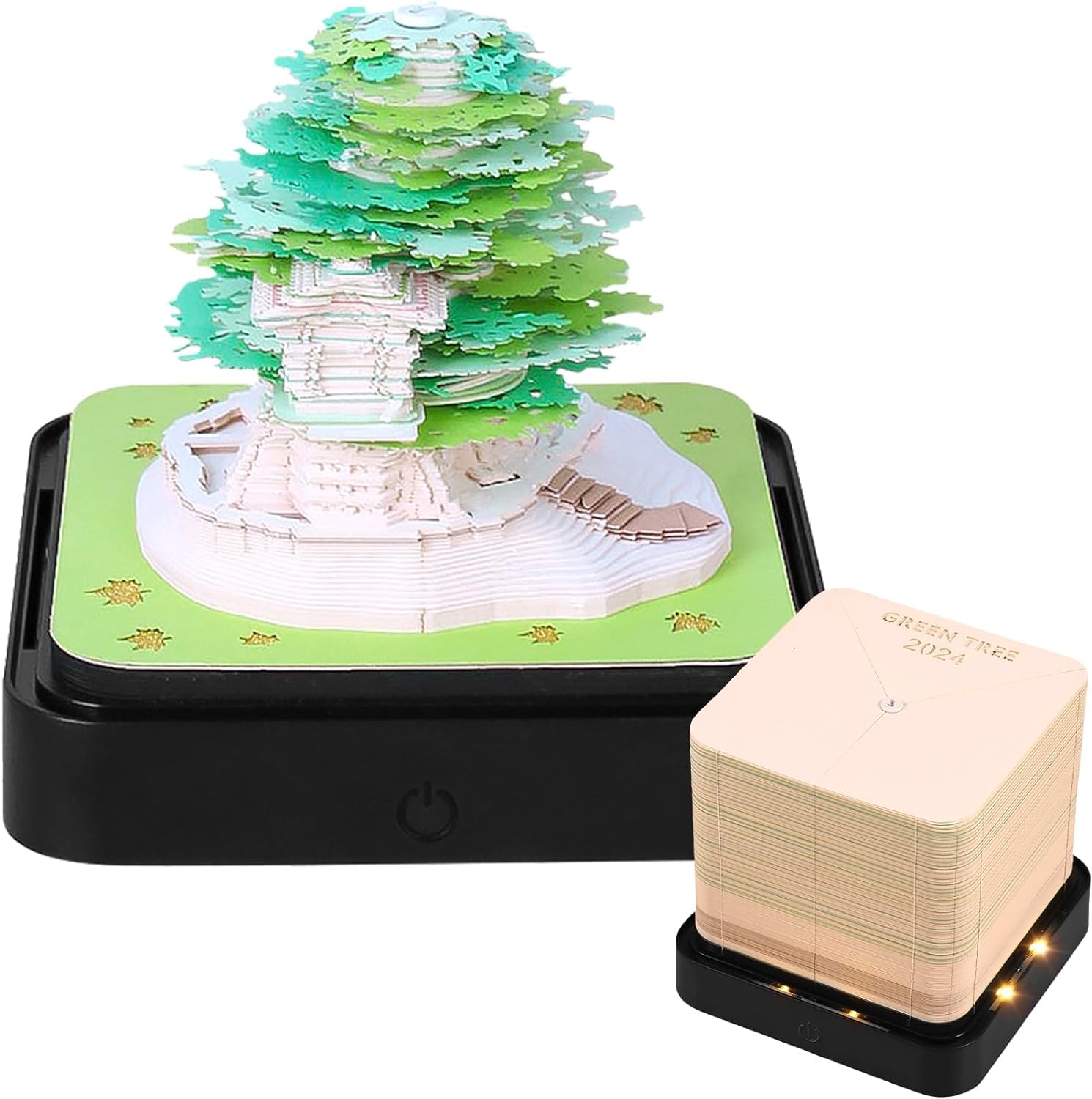 willkey 3D Desk Calendar 2025 Memo Pad Paper Art Creative Desk Calendar with LED Lights Green Tree/Earth Shape Acrylic Cover Desk Calendar for Home Office Desktop decor (Green Tree House)