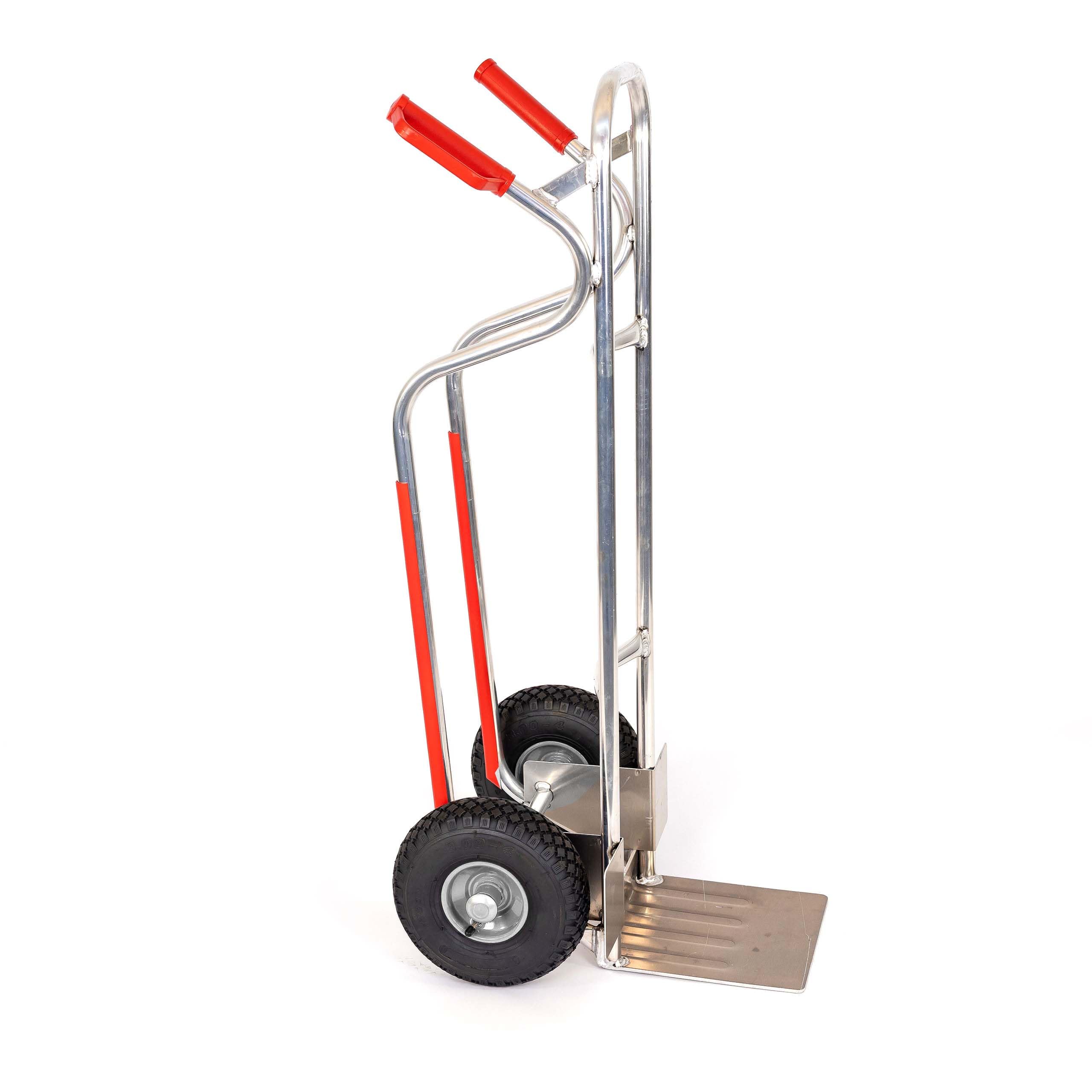 RLW Diable professionnel en aluminium Alu200 200 kg – Pelle 280 x 280 mm – Fabriqué en UE – Pas d'importation d'Asie !! (roue pneumatique noire / 4 PR/jante en métal gris argenté/roulement à roulettes