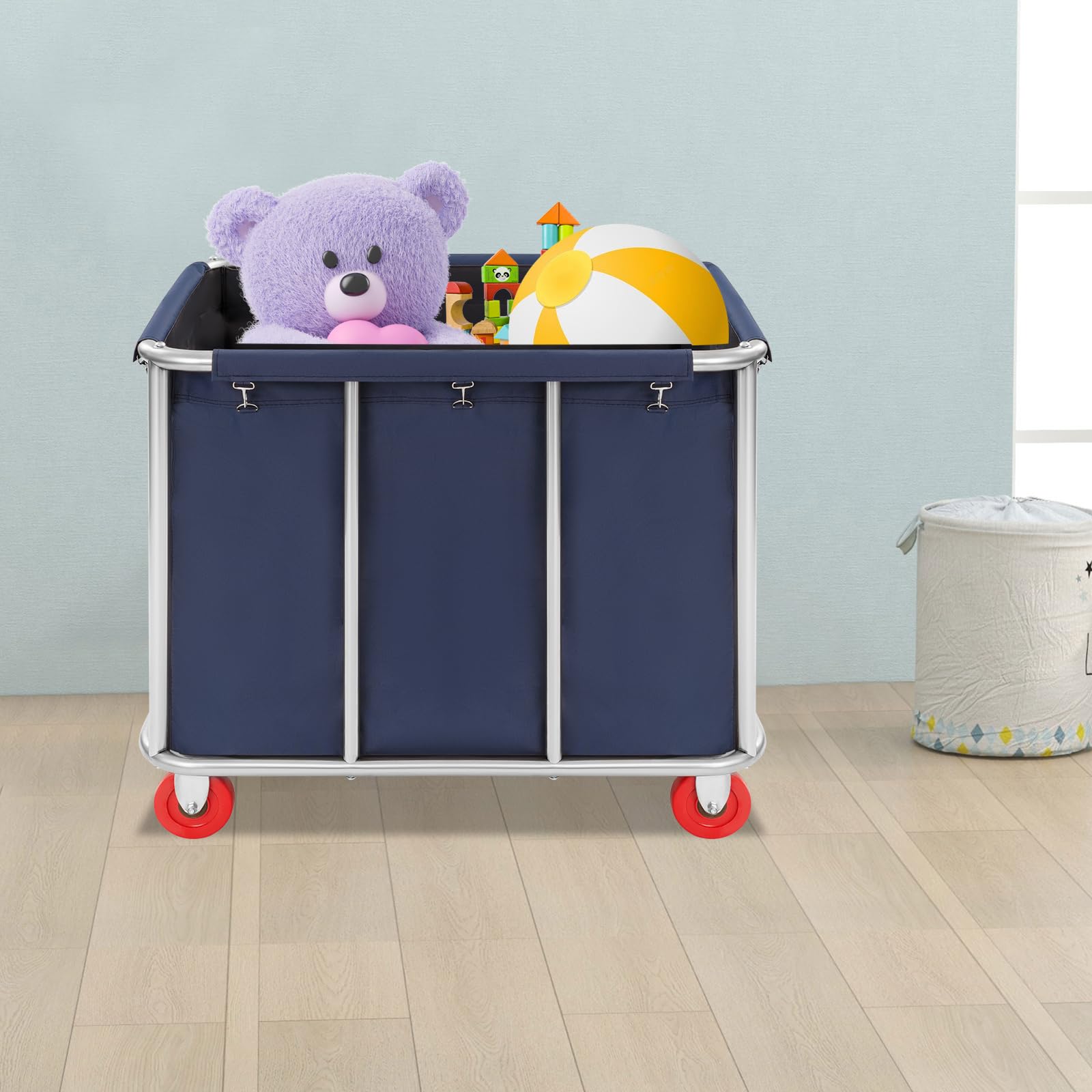 Carro de lavandería de acero inoxidable con ruedas, clasificador de ropa portátil con capacidad de carga de 200 kg, bolsa interior extraíble y gancho, para hotel, hogar, lavandería, 90 x 65 x 80 cm
