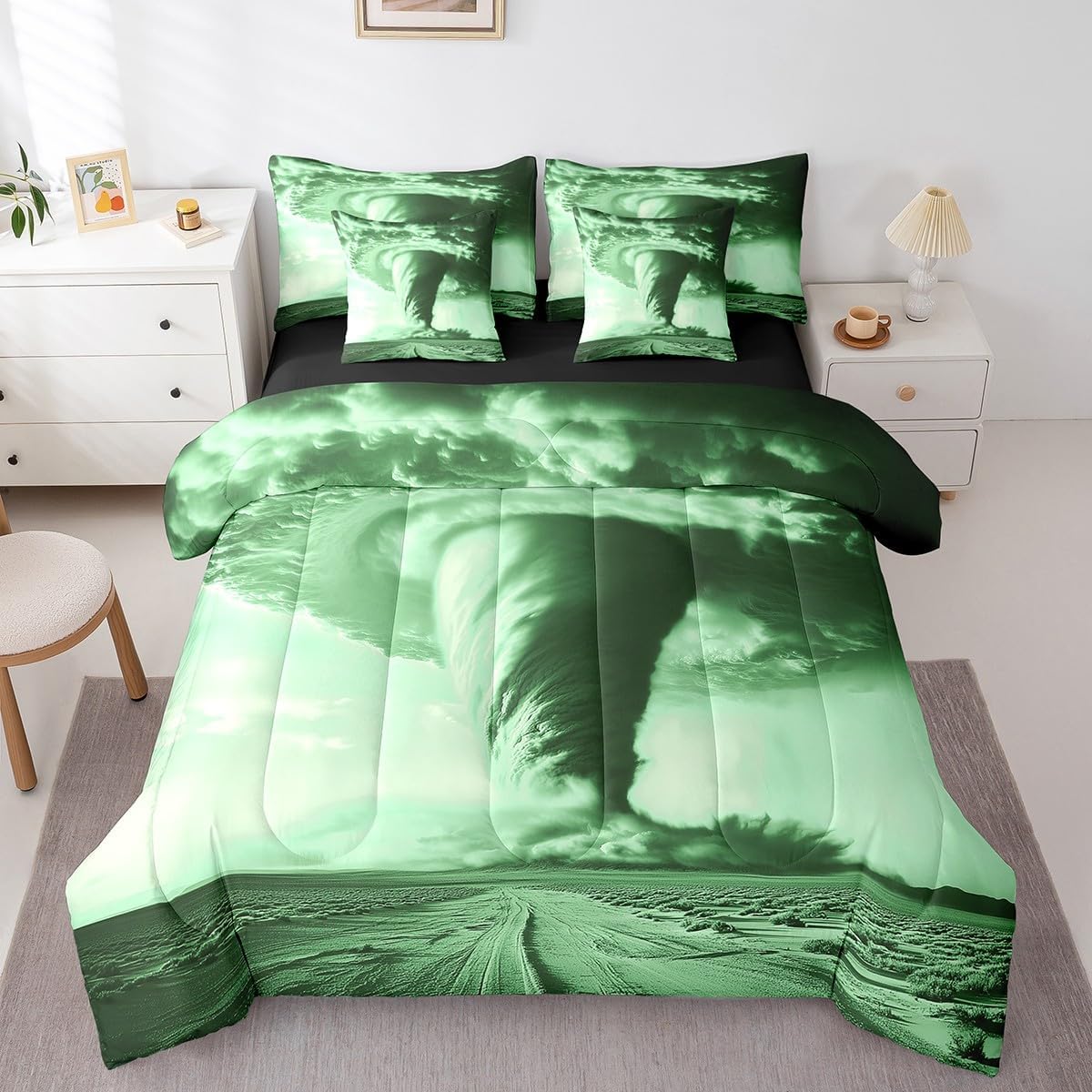 Erosebridal Green Tornado Comforter Set Full,Tornadoes Bedding Set 7Pcs for Kids Boys Adults,Horror Storm Bed in a Bag for Storm Chaser,Nature Scenery Quilt