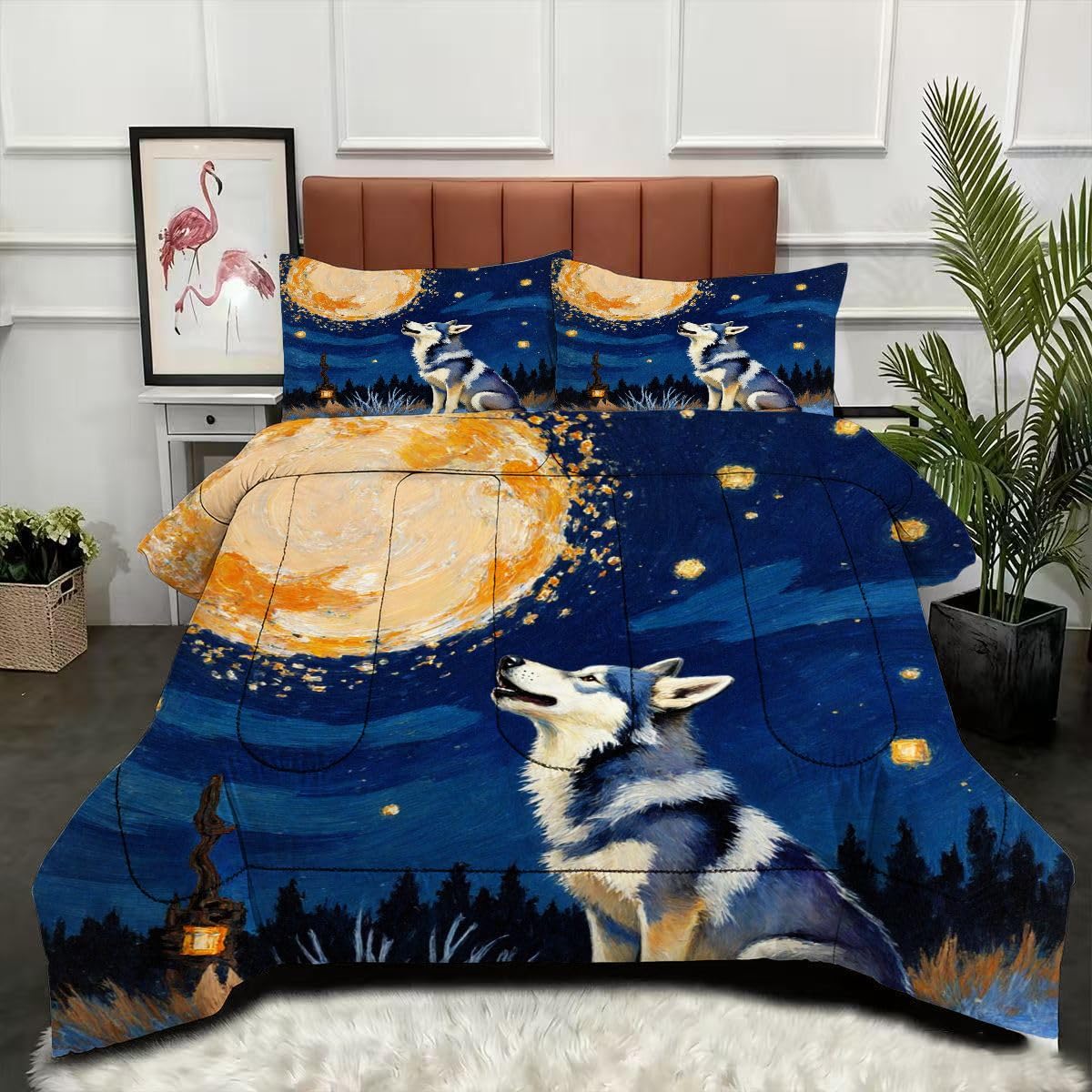 Couette 220 x 240 cm Loup avec 2 taies d'oreiller pour lit 2 personnes