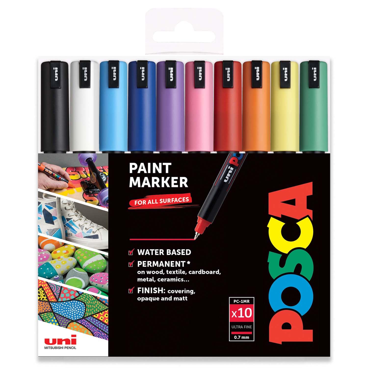 Posca Rotulador permanente a base de agua, multiuso en superficies, PC-1MR, 0.7 mm, ultrafino, juego de 10