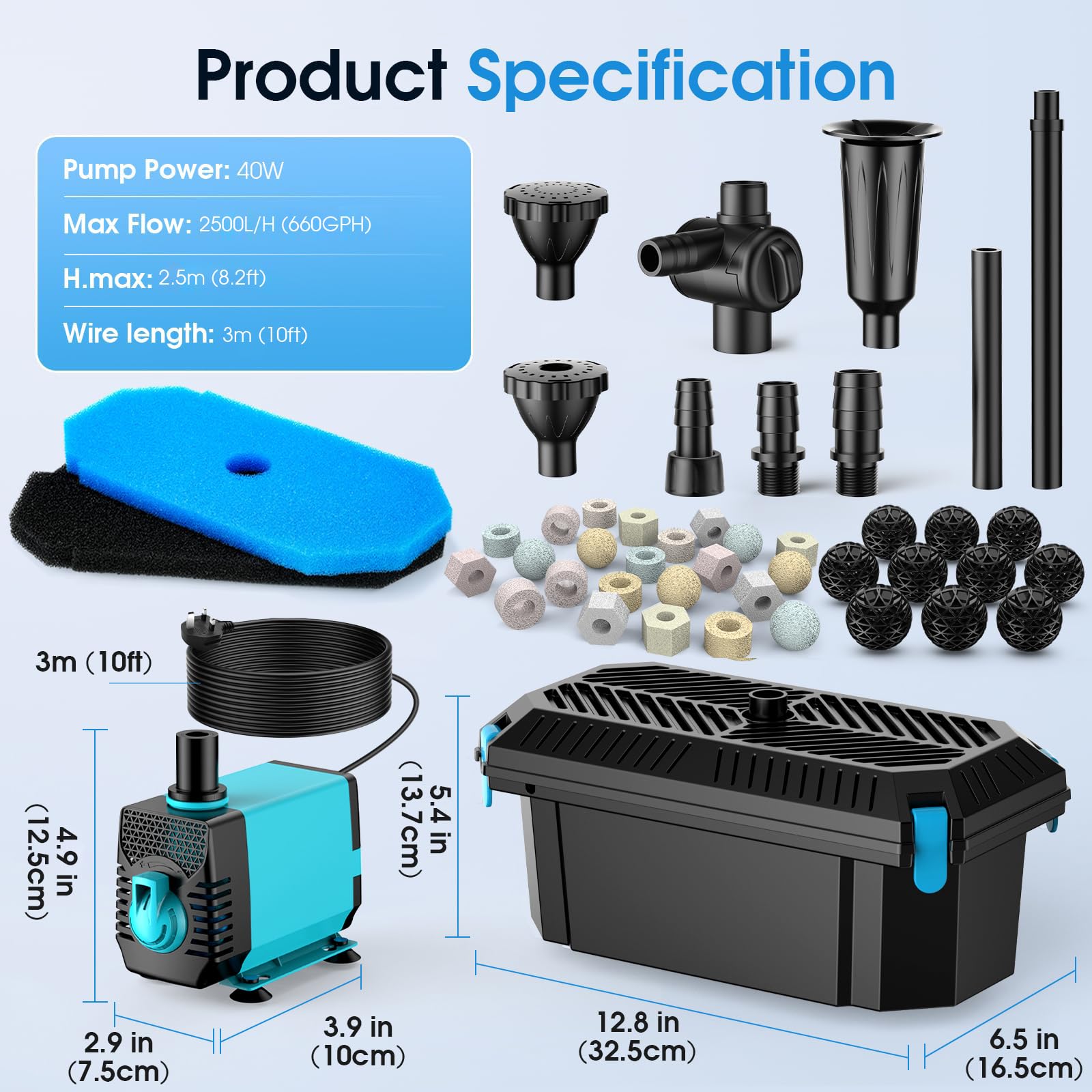 POPOSOAP Pond Filter with Pump Fountain Kits, 2500 L/H Pond Filter with 40W Pond Pump & Fountain Kit, Koi Pond Filters for Outdoor Ponds Clean, Clear, and Add Water Features(Corded Electric) — view 6