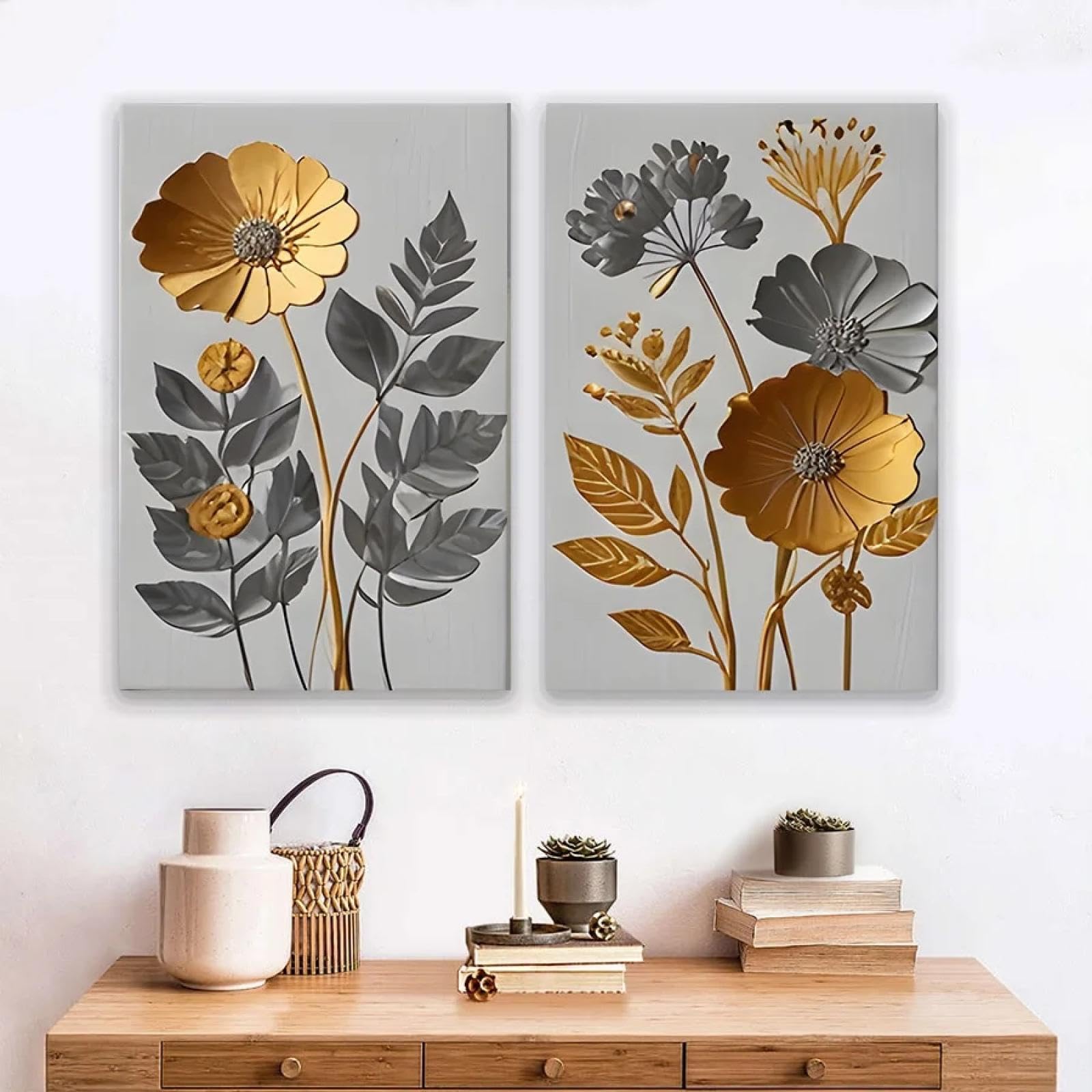 Tableau moderne fleurs dorées pour salon chic 50x70 - 8