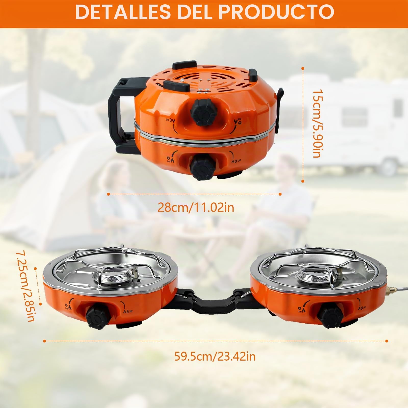 Hornillo de Camping de 2 Fuegos, Plegable y Portátil Cocina de Gas con Quemador Ajustable e Encendido Piezoeléctrico para Acampadas, Senderismo y Emergencias,Incluye Bolsa de Transporte y Parabrisas