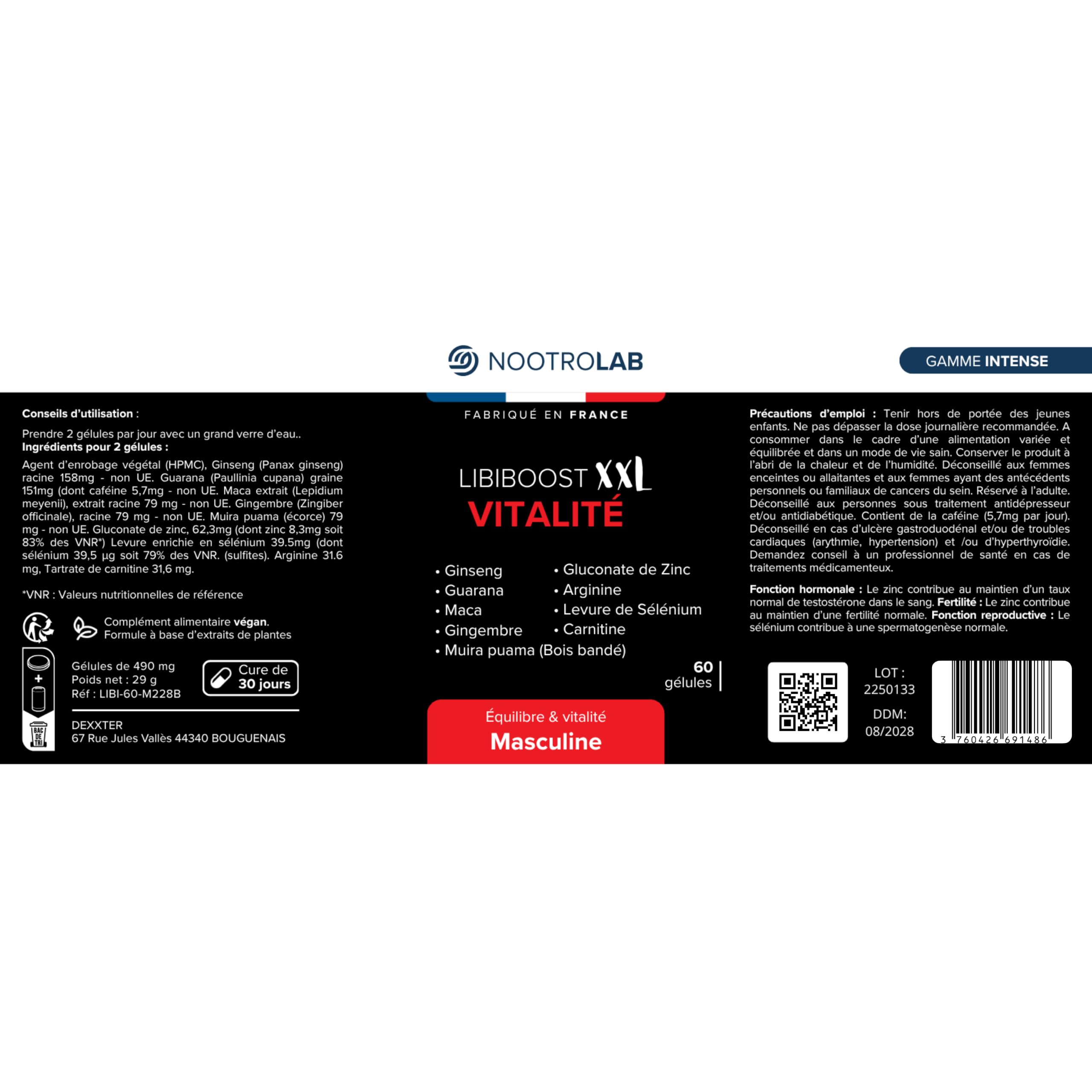 Libiboost – Complément Vitalité Sexuelle Homme – Ginseng, Maca, Zinc, Guarana, Gingembre, Bois Bandé – Libido, Énergie, Érection – Fabriqué en France – Fertilité, Performance