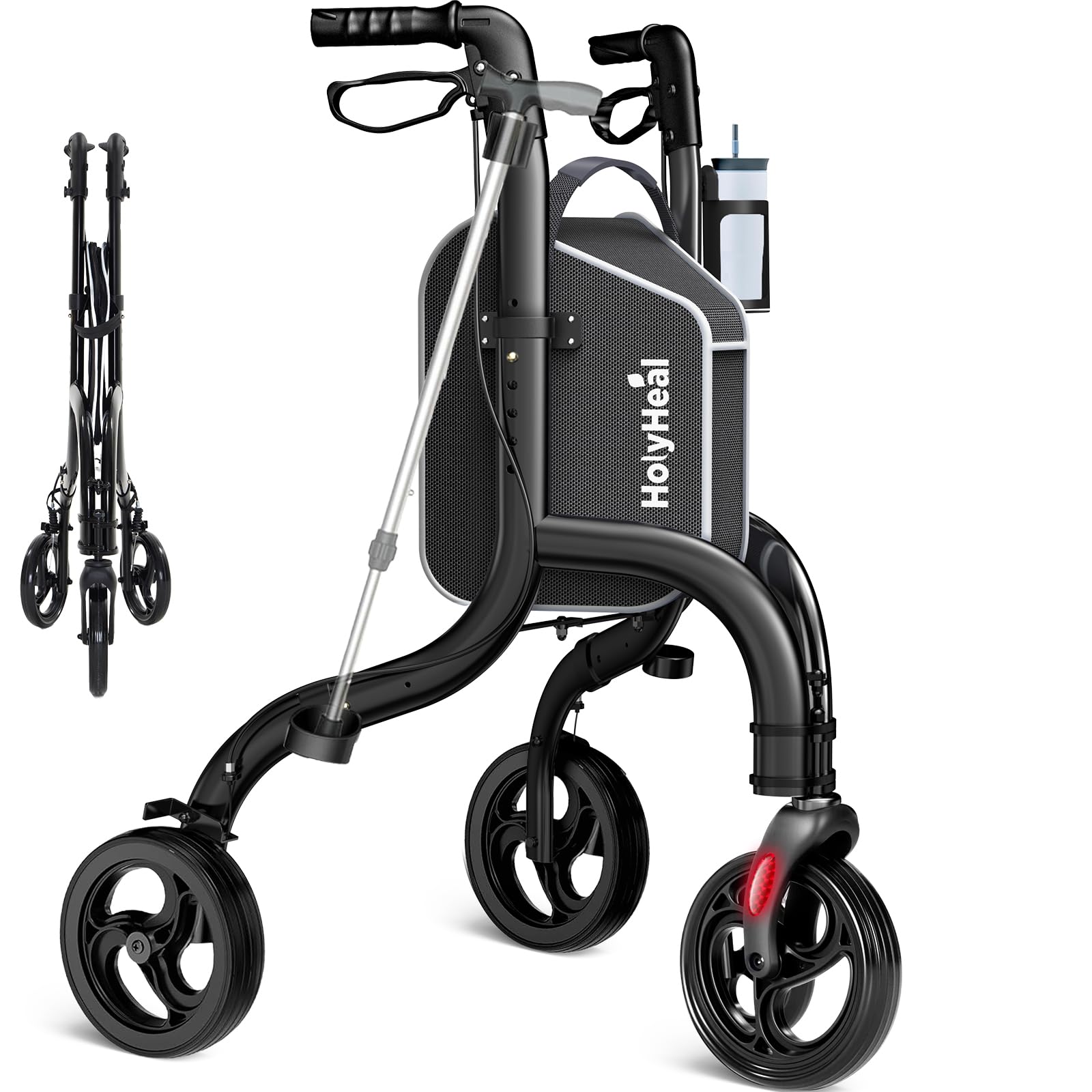 3 Wheel Walkers for Seniors, Lightweight Rollator Walkers Foldable for Elderly with Cane Hold and Cup Hold, Height Adjustable Aluminum Three Wheel Rolling Walker Mobility Aid, Black