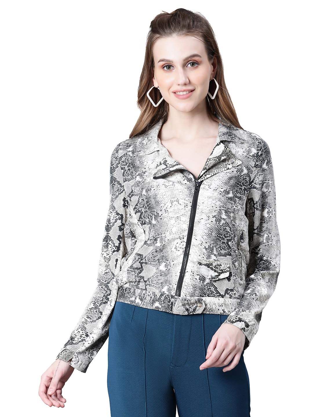 oxolloxo Women Animal Print Open Collared Zip Lined Long Sleeve Bomber Jacket-picture-47
