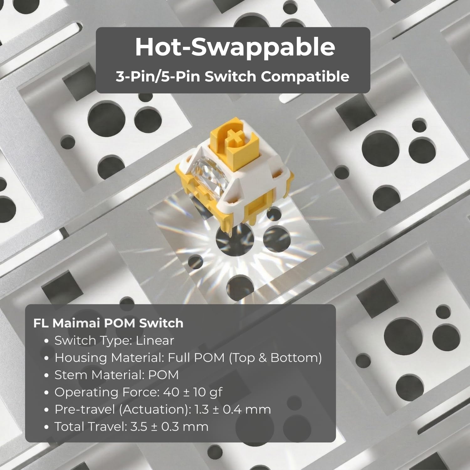 Diagram showing a hot-swappable switch being inserted into the keyboard PCB.