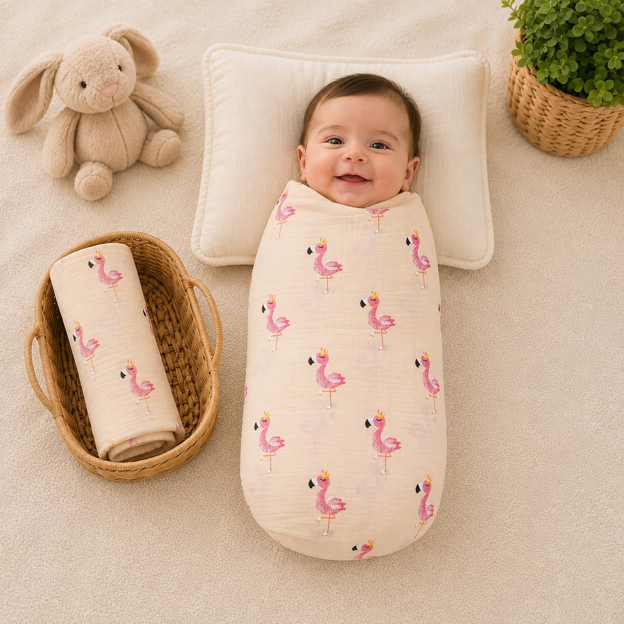 Muslin Cotton Baby Swaddle | 110 x 100 cm | Ultra-Soft, Breathable & Lightweight | Multipurpose | Hypoallergenic | Unisex | Ideal Newborn Baby Gift (P1-Flamingo)-image-47