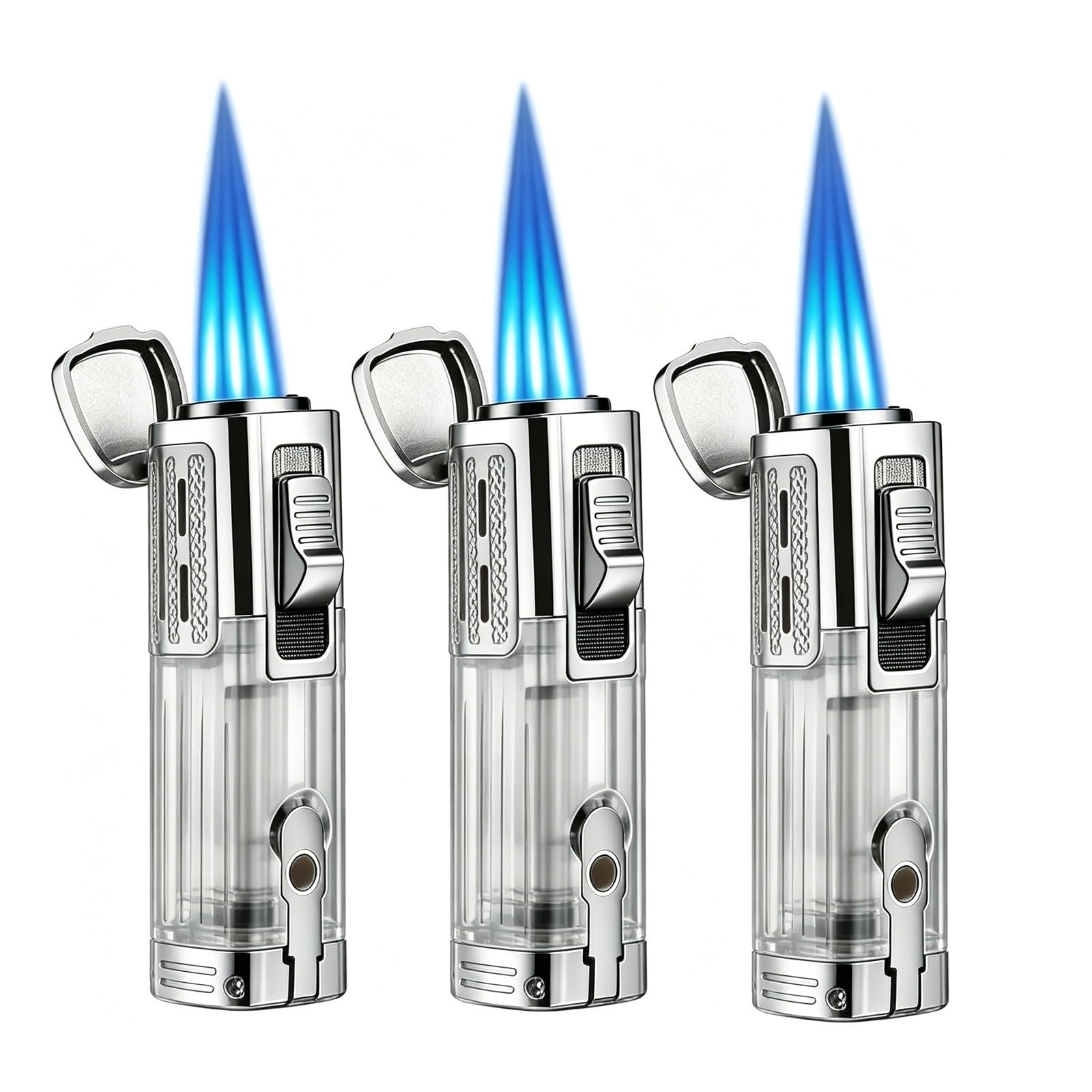 Three-flame torch lighter, large visible fuel tank, adjustable flame size, portable butane windproof lighter, suitable for outdoor picnics and as a gift.